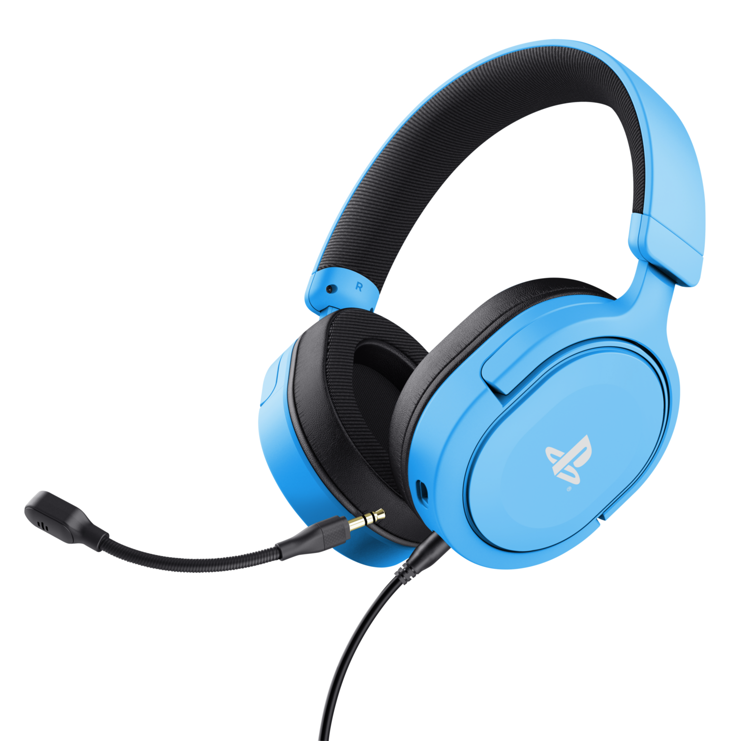 Blue and black gaming headphones with a microphone and a cable.