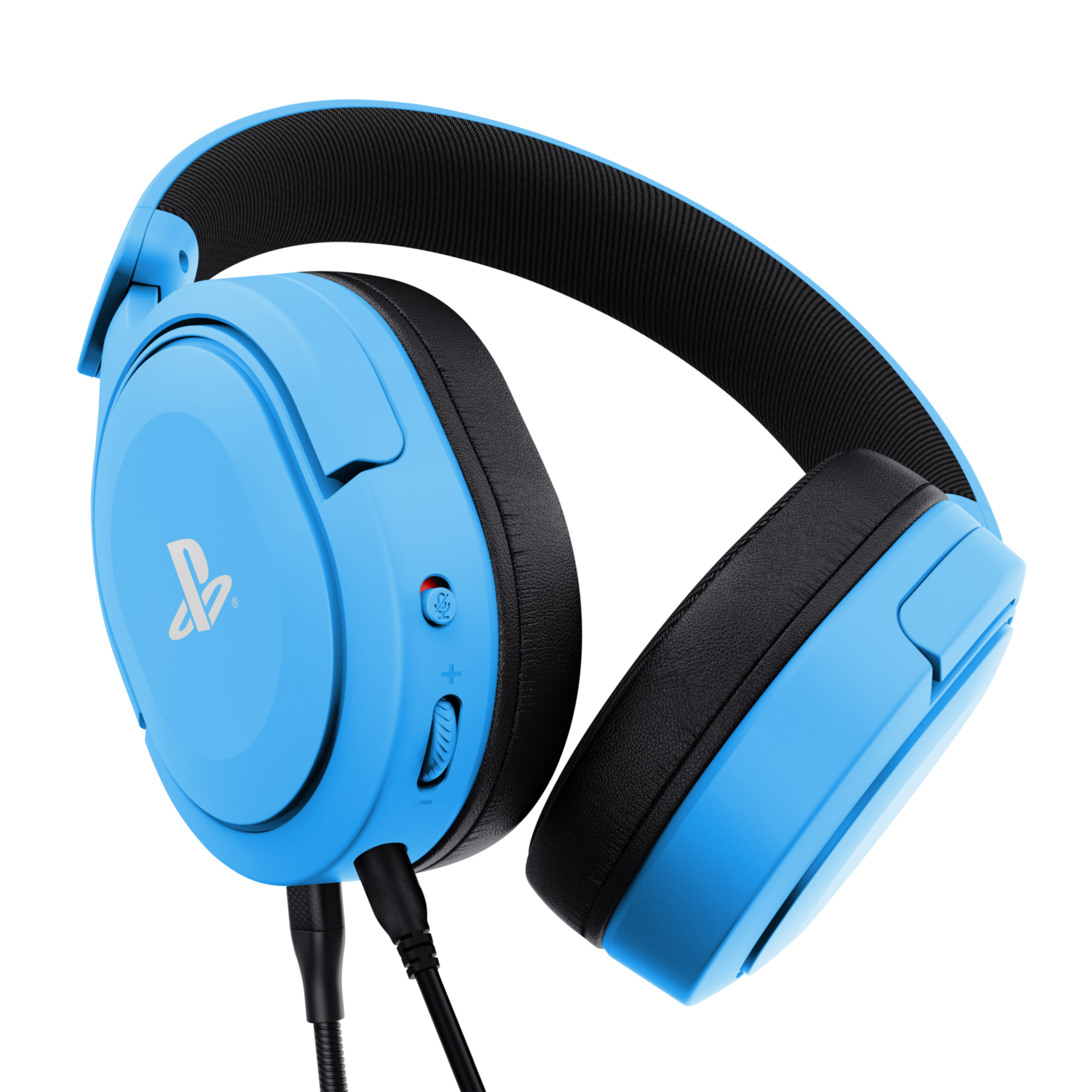 Blue gaming headset with black accents and a PlayStation logo.