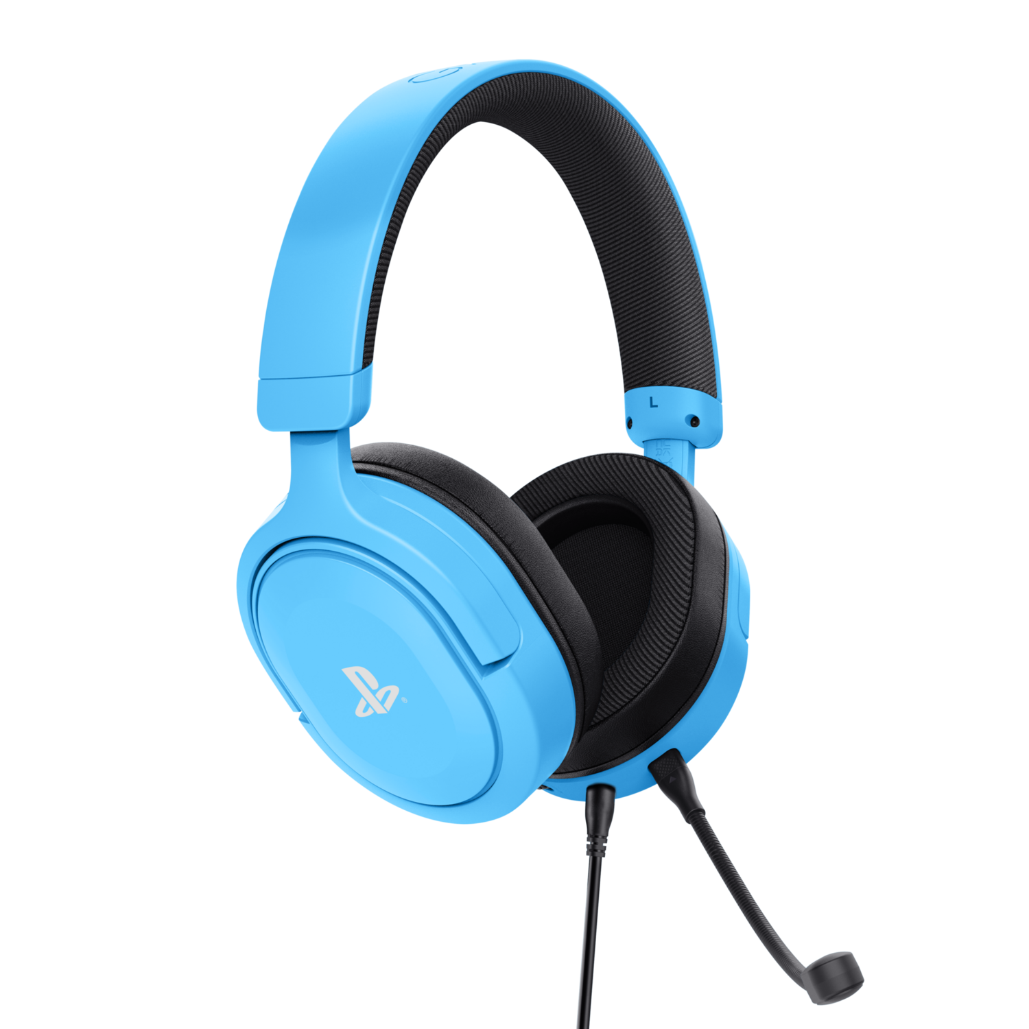 Blue gaming headphones with a microphone, black cable, black background.