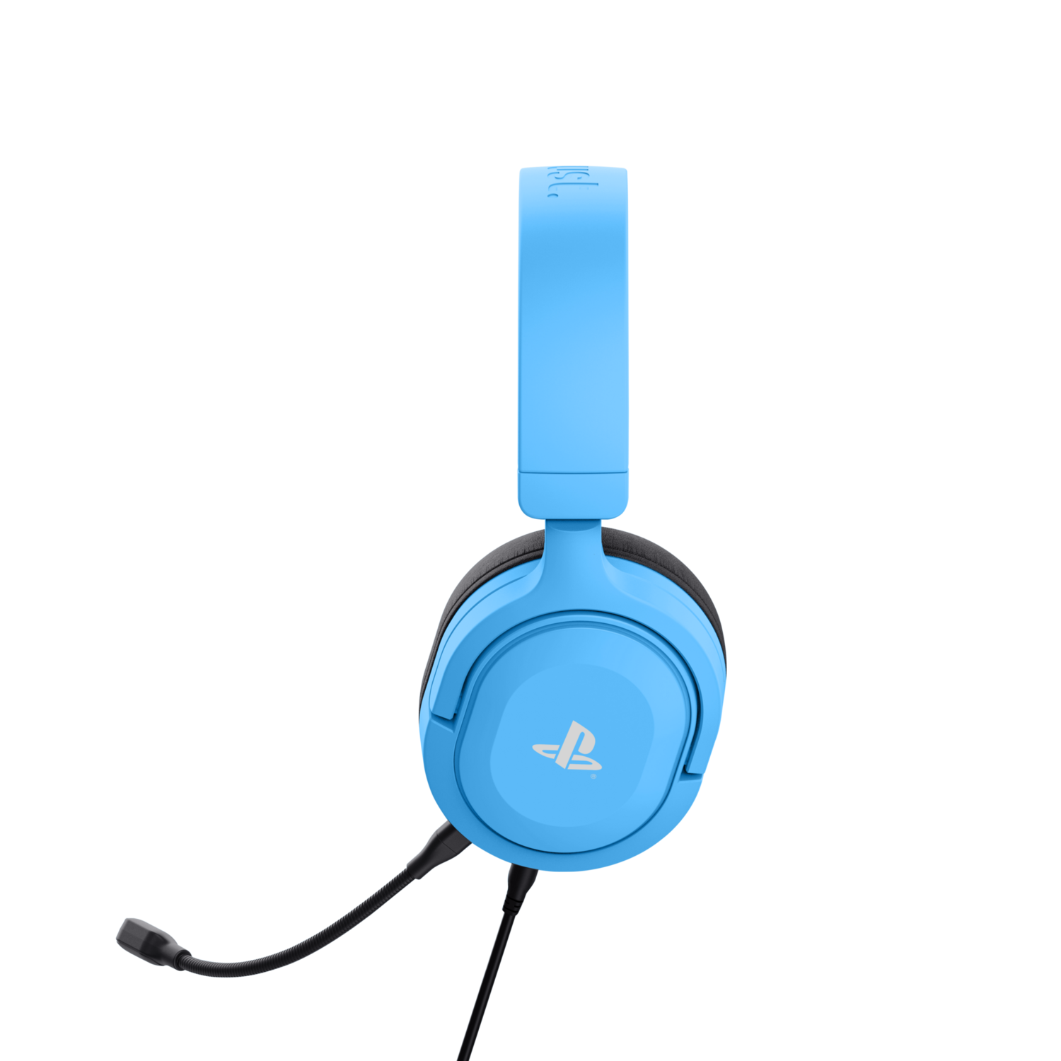 A blue and white headset with a microphone.