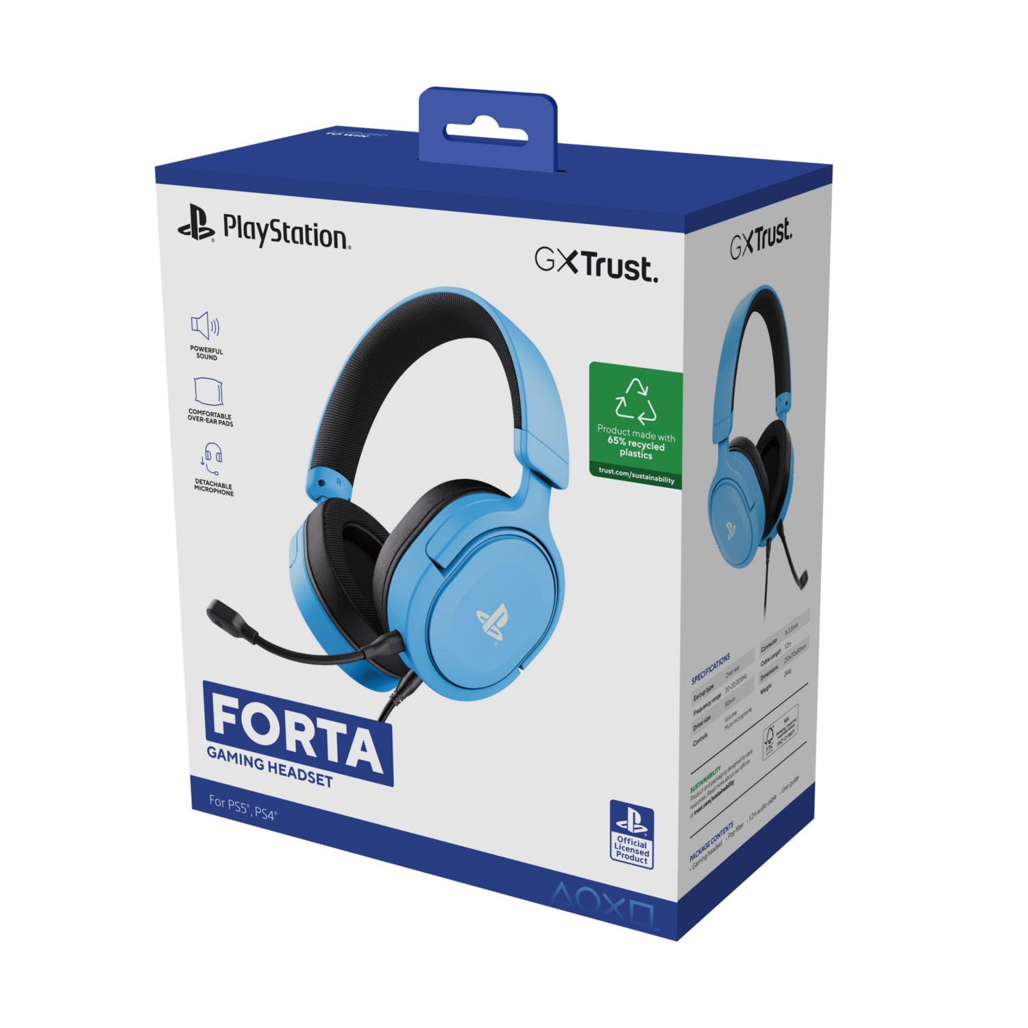 Blue gaming headset in a box with PlayStation and GXTrust branding.