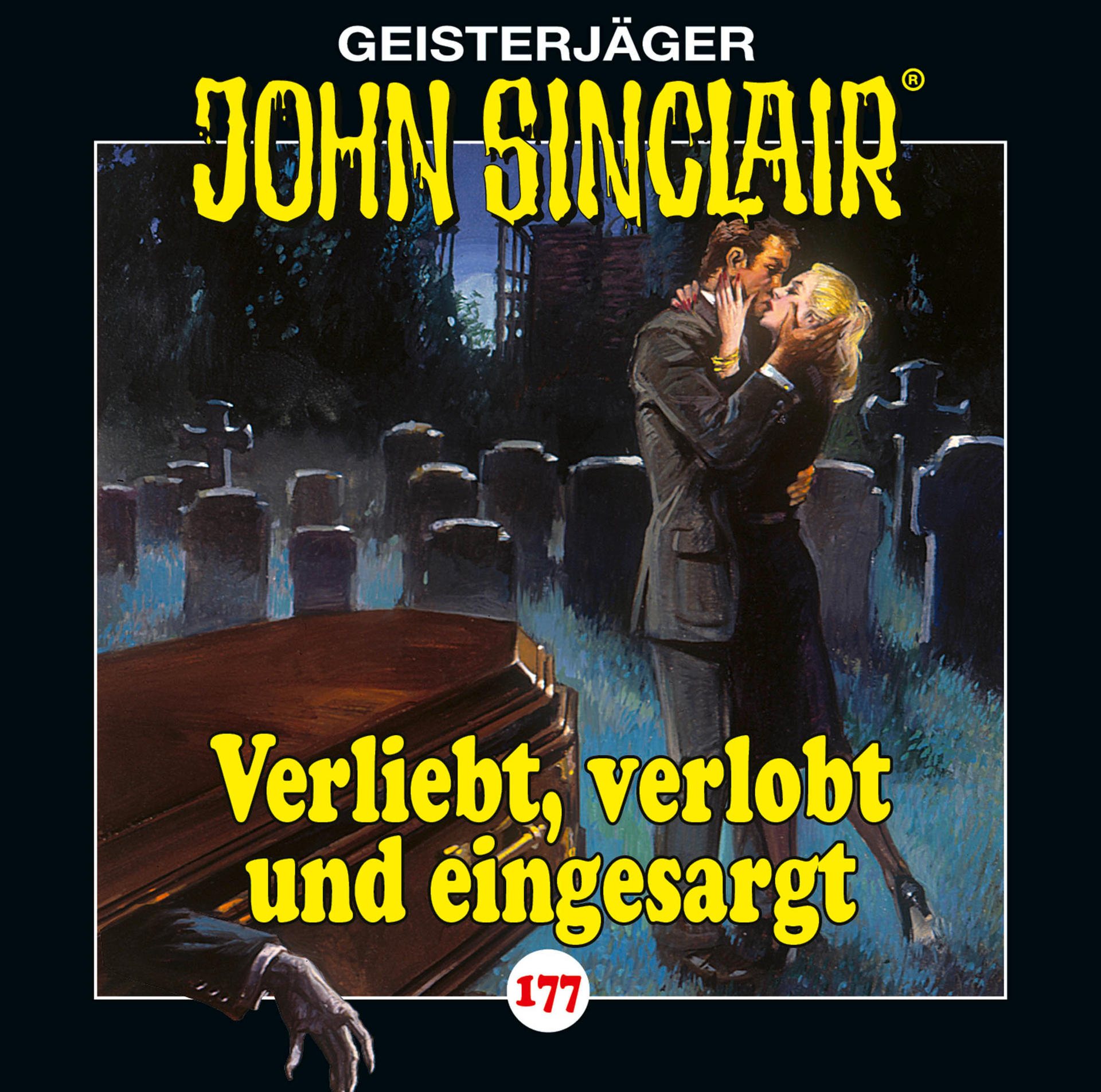 John Sinclair Buchcover. Mann im Anzug umarmt Frau auf Friedhof mit Sarg.