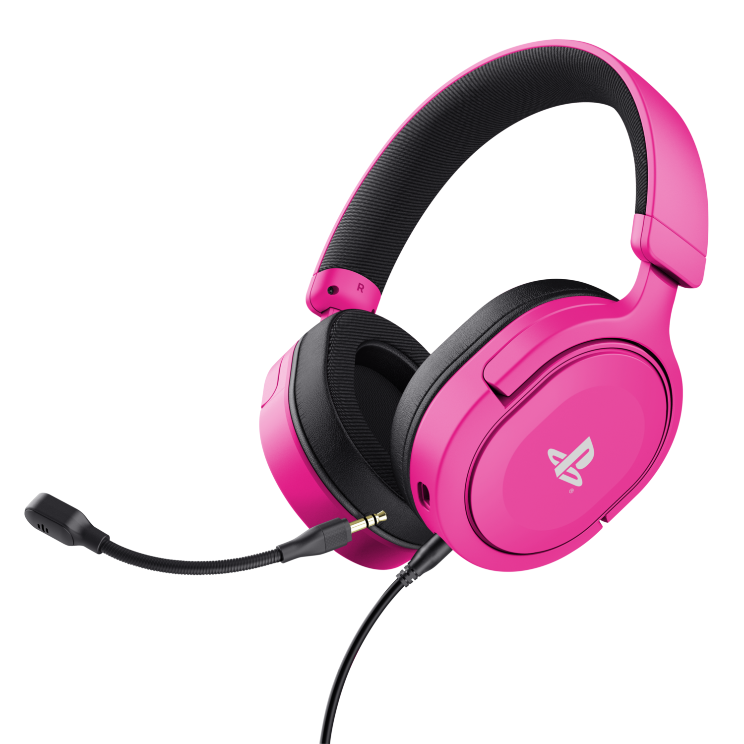 Pink gaming headphones with a microphone attached, set against a black background.