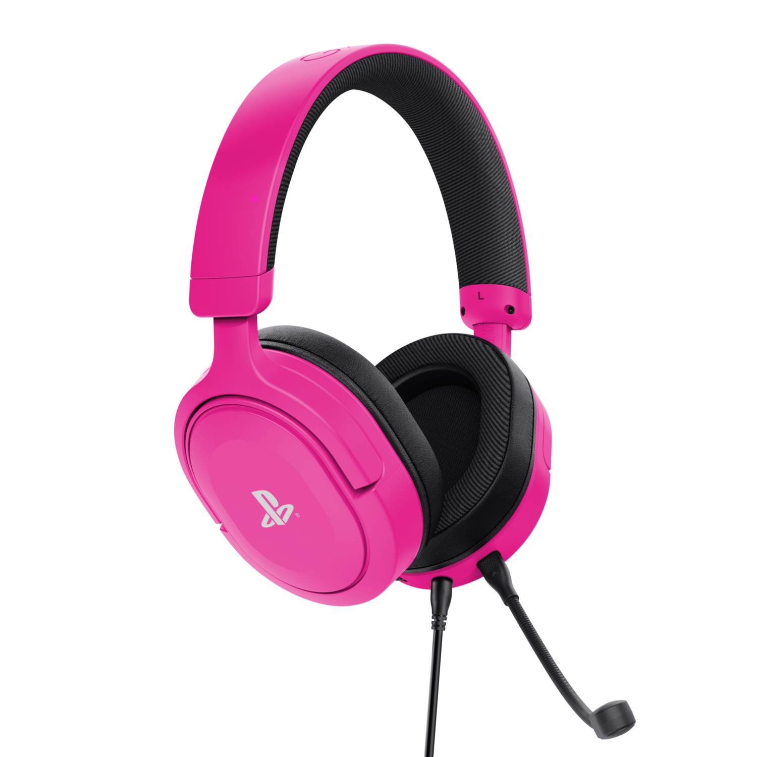 Pink gaming headset with black earcups and a flexible microphone. PlayStation logo is on the earcup. Black background.