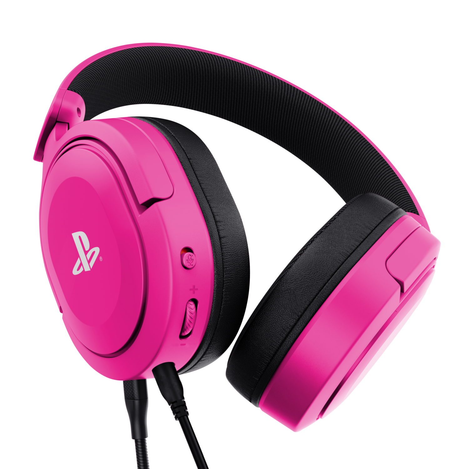 Pink and black gaming headset with a microphone. The headset has a PlayStation symbol.