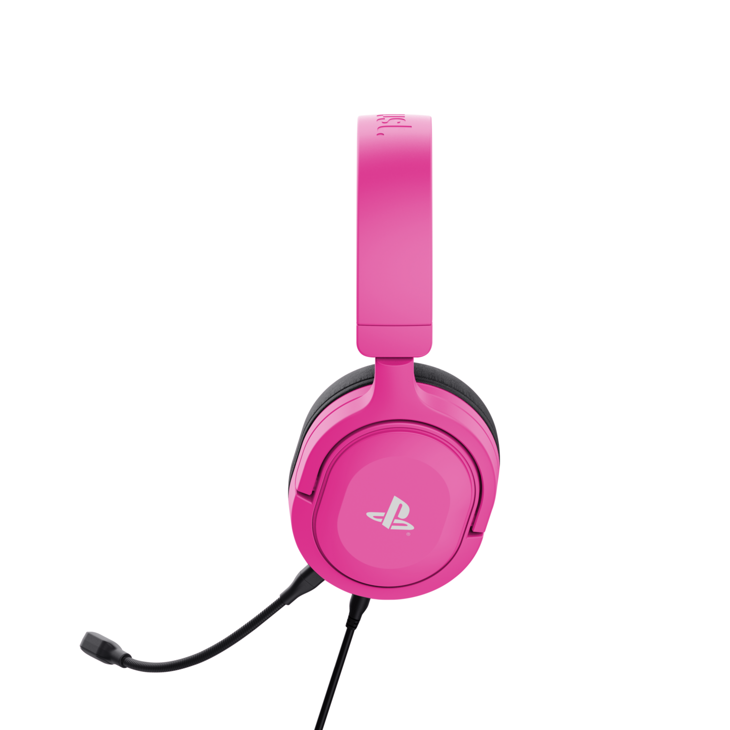 Pink PlayStation gaming headset with a microphone, black background.
