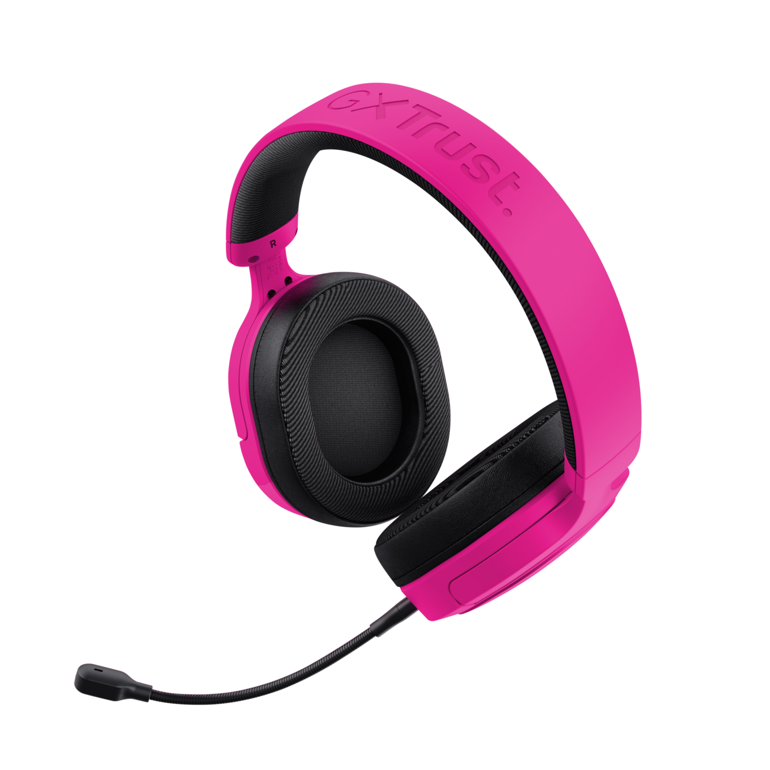 A pink Trust headset with a black microphone and earcups.