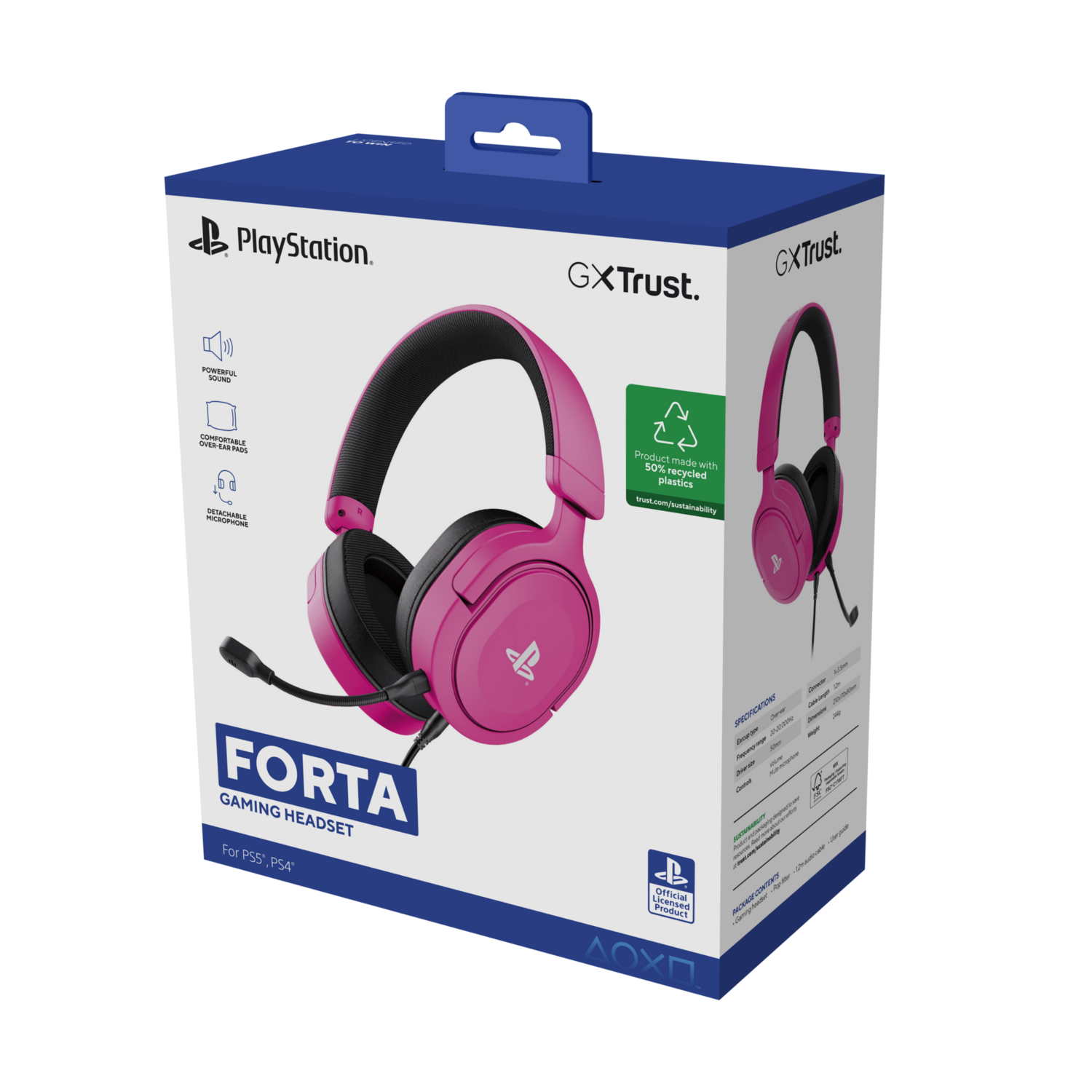 Pink gaming headset with box. Features a microphone and PlayStation logo.