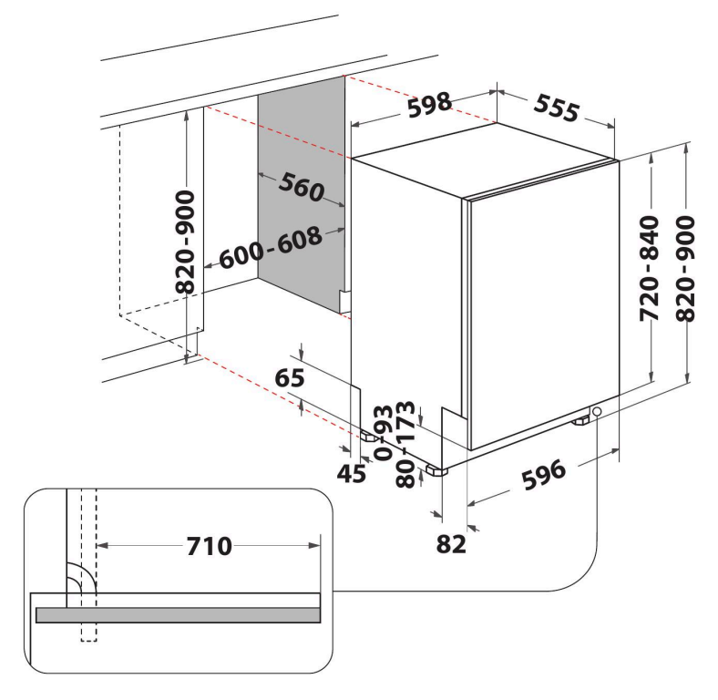 Beépített mosogatógép diagramja méretekkel mm-ben, oldalnézet.
