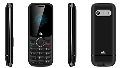Ein schwarzes Telefon mit physischer Tastatur und rundem Knopf.