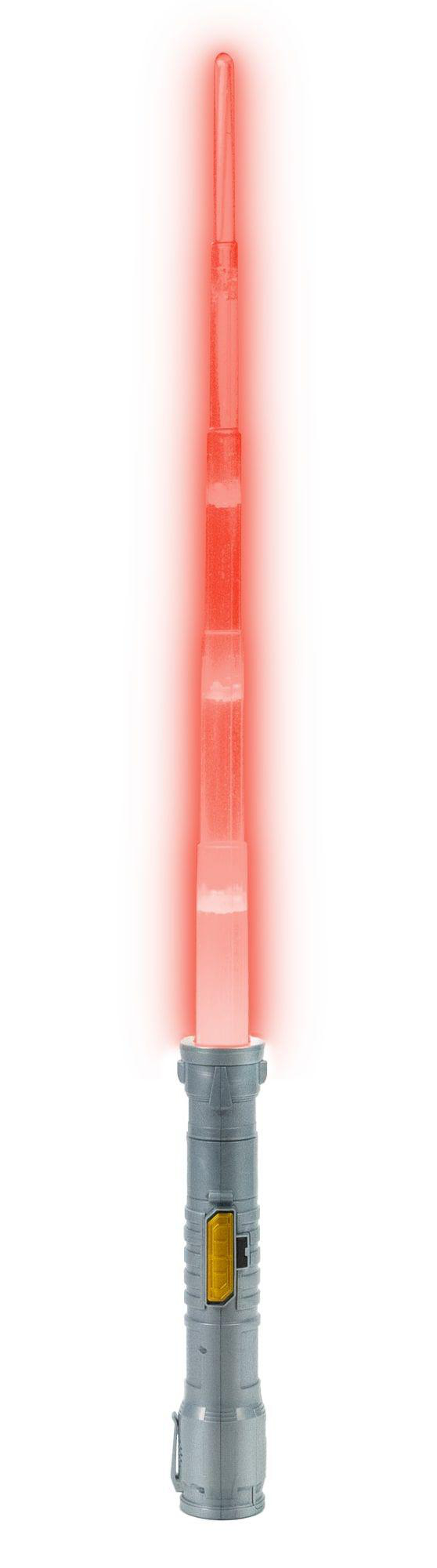 Rotes Lichtschwert mit grauem Griff, vor weißem Hintergrund.