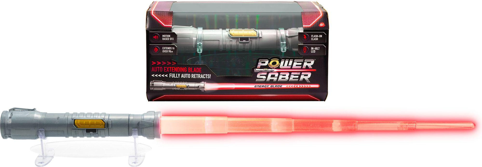 Ein rotes Lichtschwert in einer Box. Das Lichtschwert ist rot und hat einen silbernen Griff.
