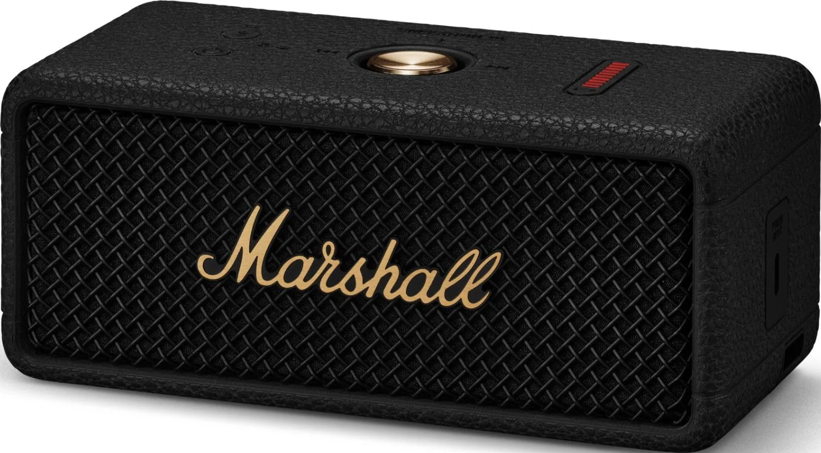 Schwarzer Marshall-Lautsprecher mit goldenem Logo. Schwarze lederartige Textur. Rote Kontrollleuchten oben.