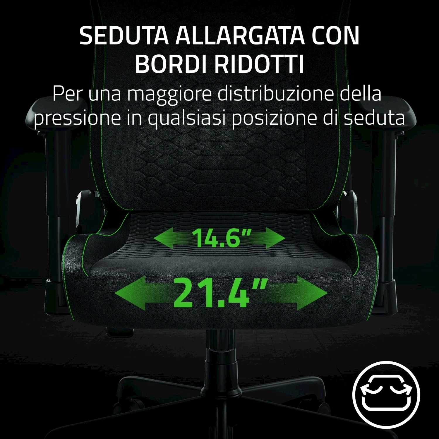 Primo piano di una sedia da gaming nera, con dettagli verdi, etichettata con misure.