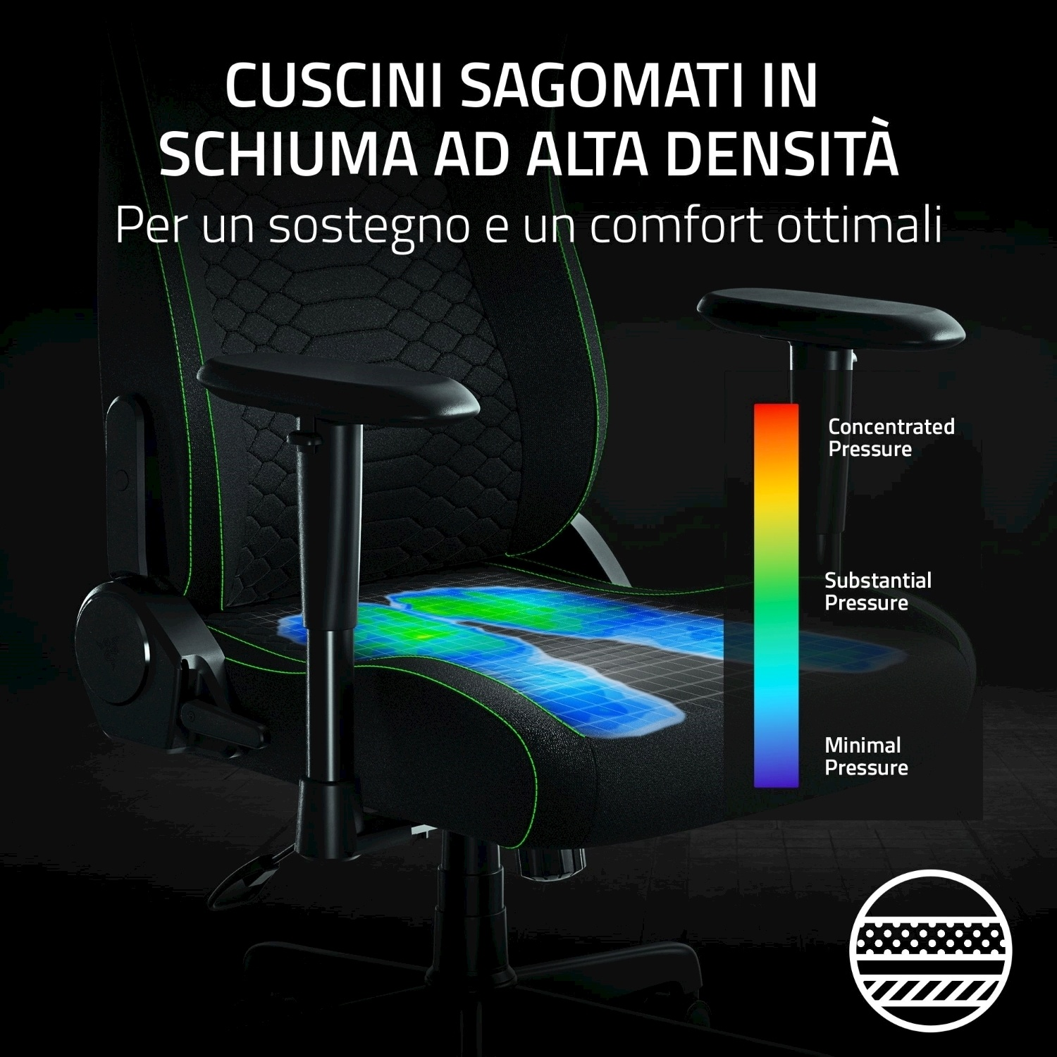 Primo piano di una sedia da gaming nera con cuciture verdi e tessuto morbido.