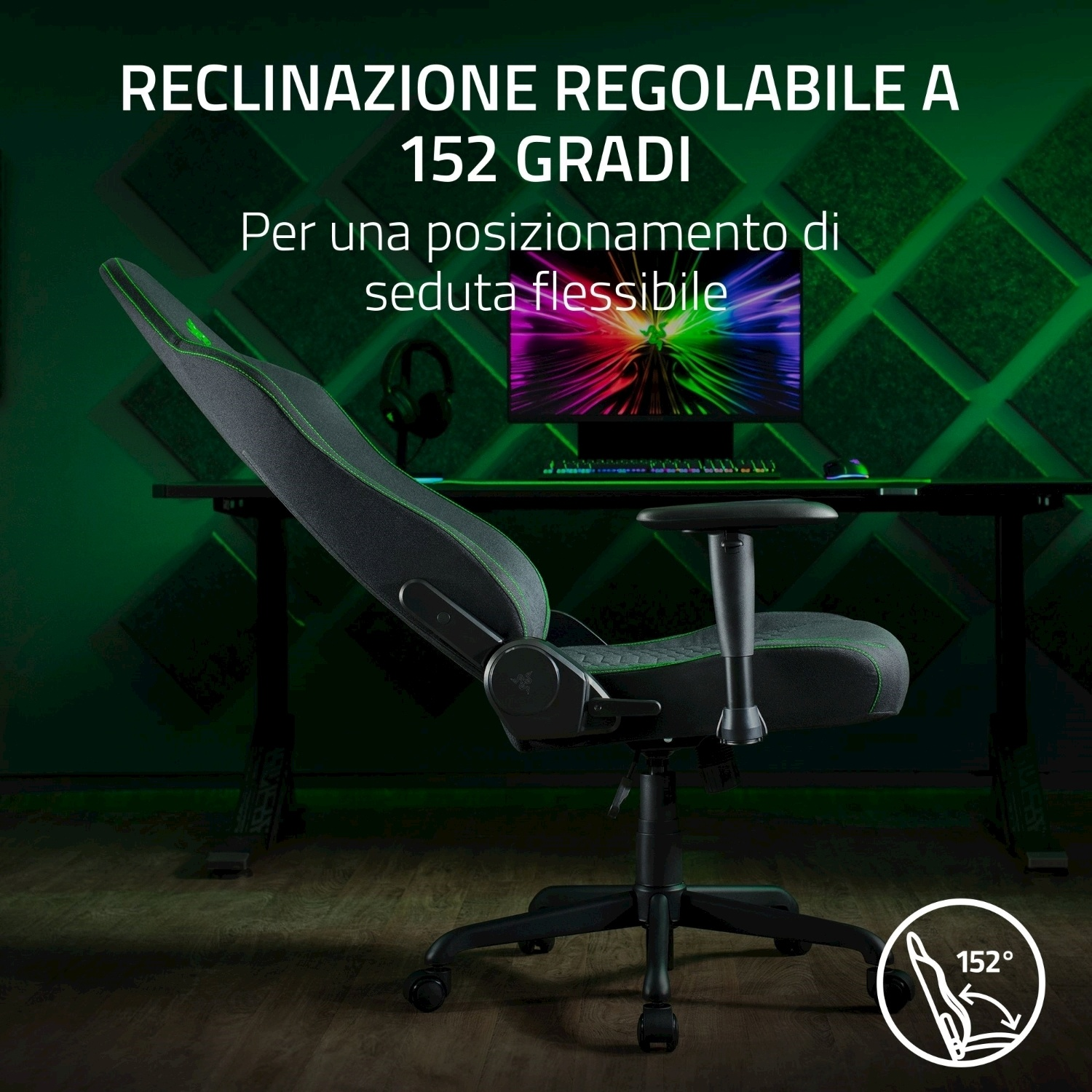 Sedia da gaming con testo. La sedia è nera e verde. Il testo spiega le funzionalità.