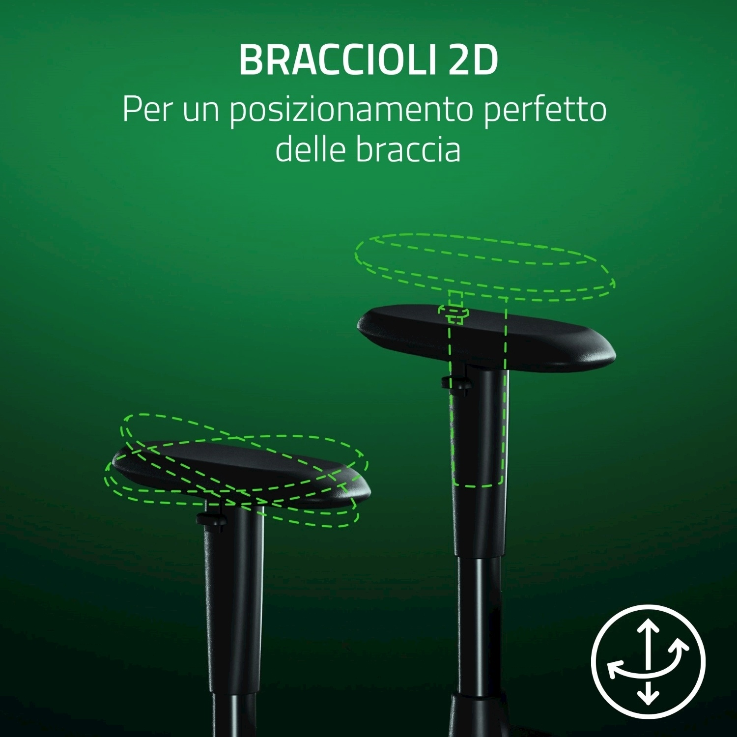Due braccioli neri con linee tratteggiate verdi, per il posizionamento delle braccia, su sfondo verde.