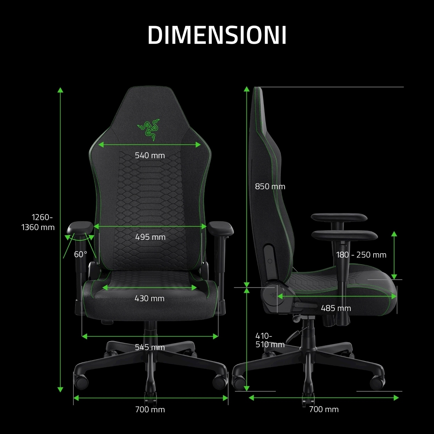 Diagramma di una sedia da gaming nera con dimensioni in mm e angoli, su sfondo nero.