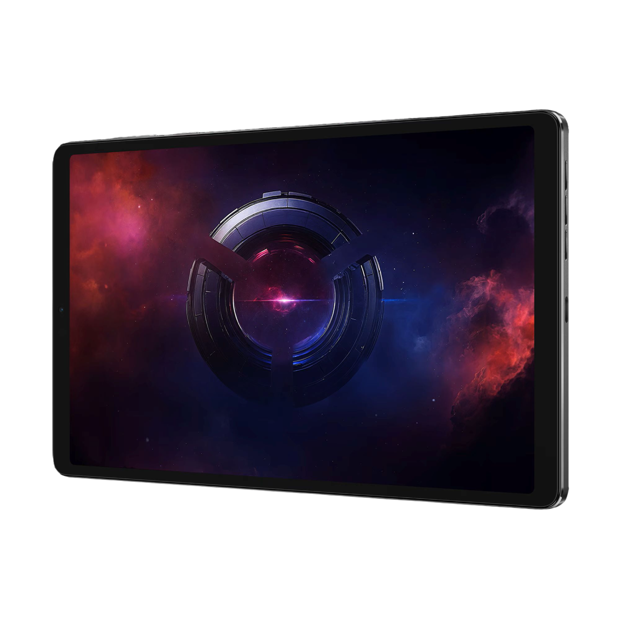 Ein Bild eines Tablets mit dunklem Bildschirm, das ein abstraktes Design zeigt.