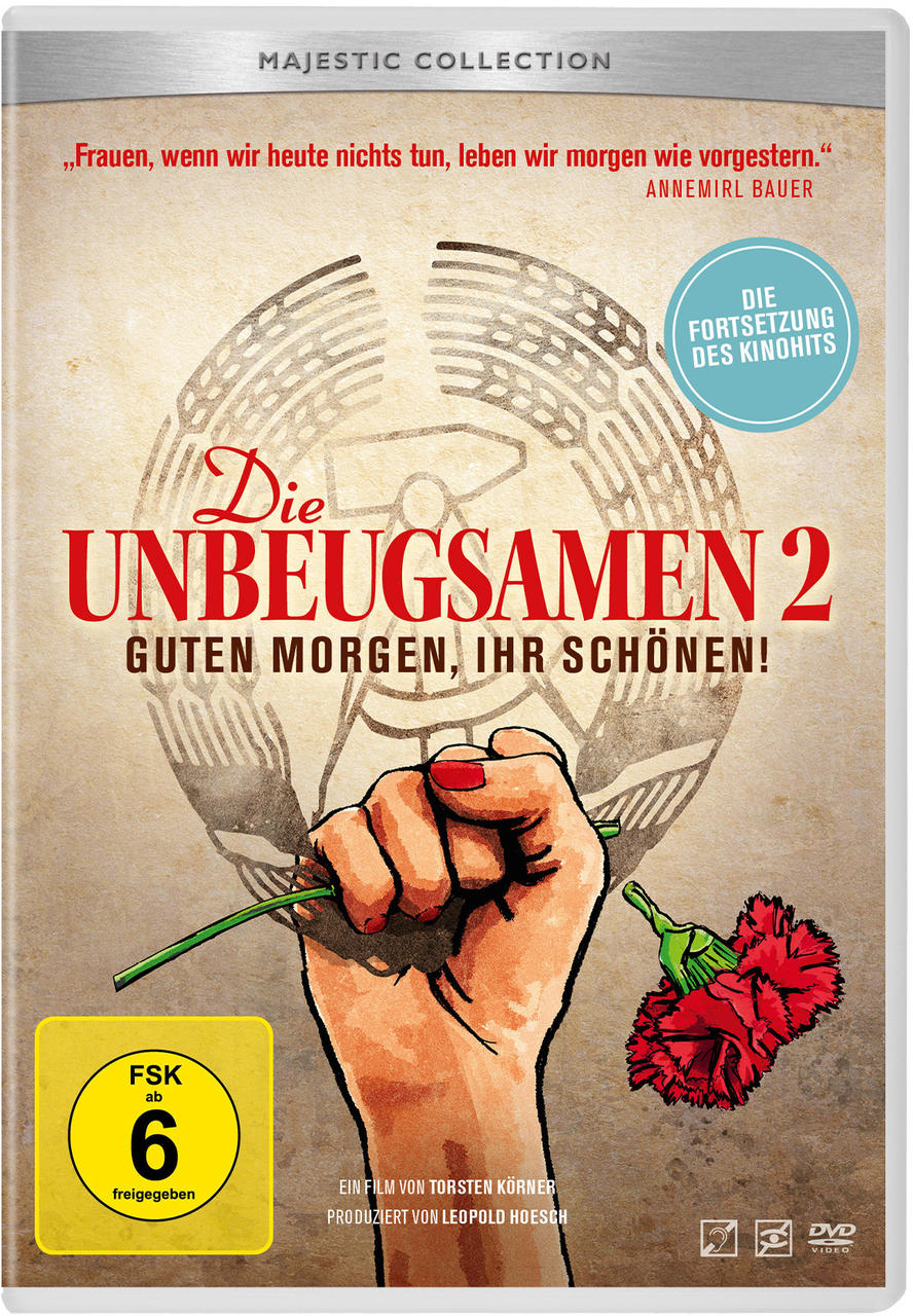 DVD-Cover: Eine geballte Faust hält eine Blume. Der Titel lautet 'Die Unbeugsamen 2'. Ein gelbes FSK-Logo ist vorhanden.
