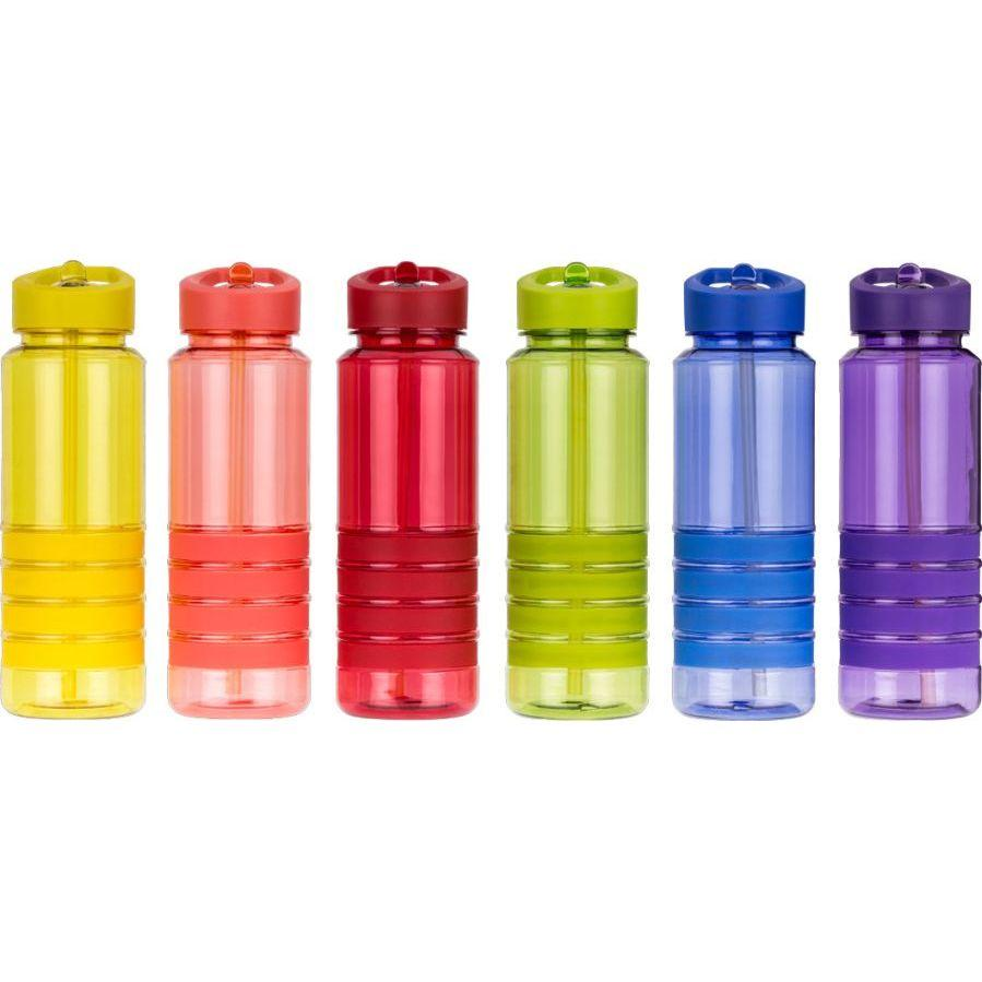 Sześć kolorowych butelek na wodę z pokrywkami.