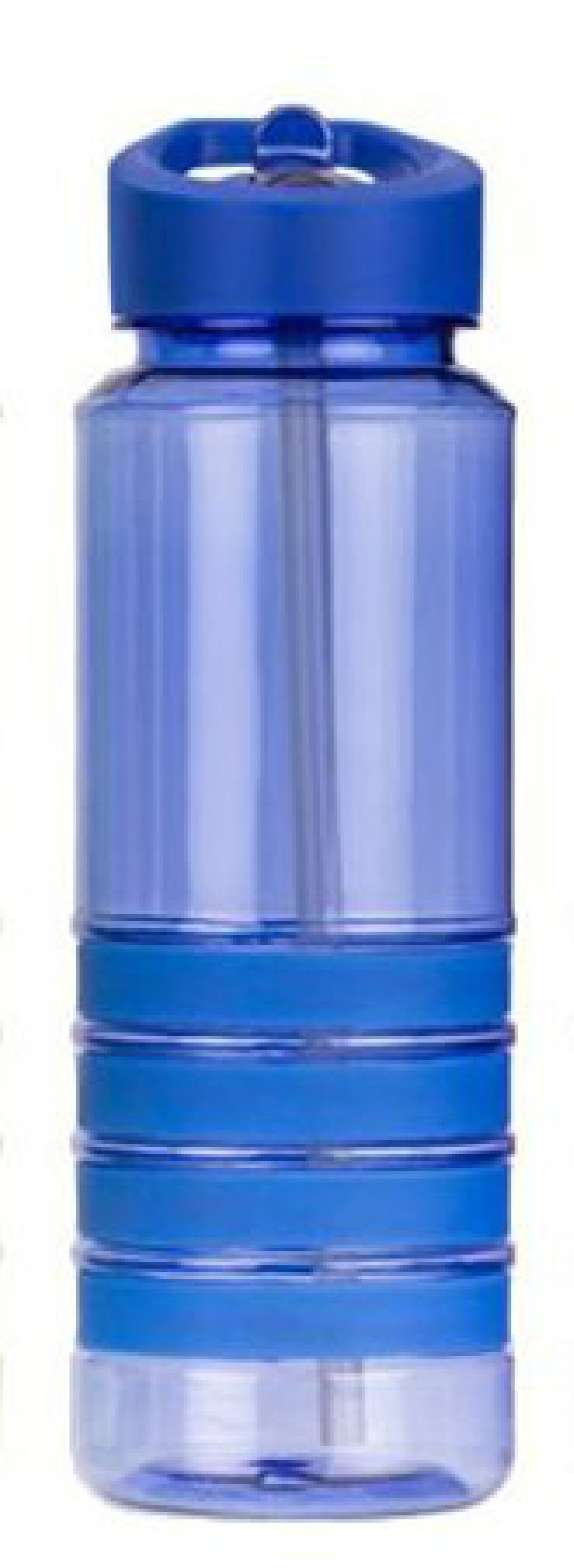 Niebieska butelka na wodę z niebieską zakrętką i przezroczystym korpusem. Ma uchwyt na górze.