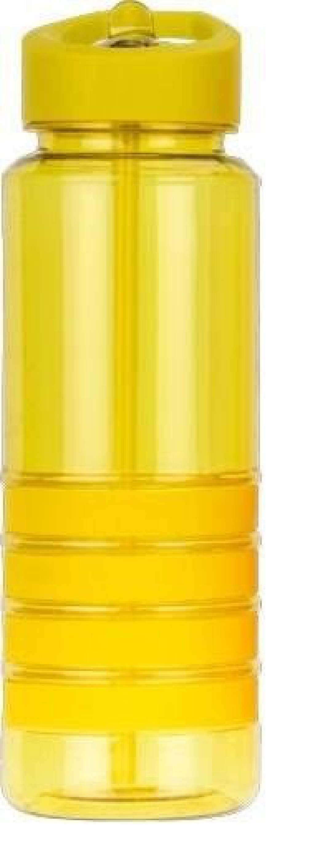 Żółta butelka na wodę z żółtą nakrętką, białe tło.