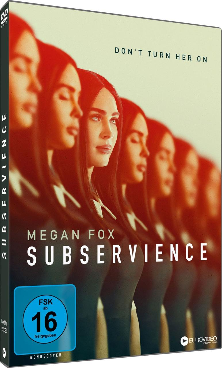 DVD-Hülle. Megan Fox auf dem Cover, Titel 'Subservience'. Hintergrund: verschwommene rote und weiße Gesichter.