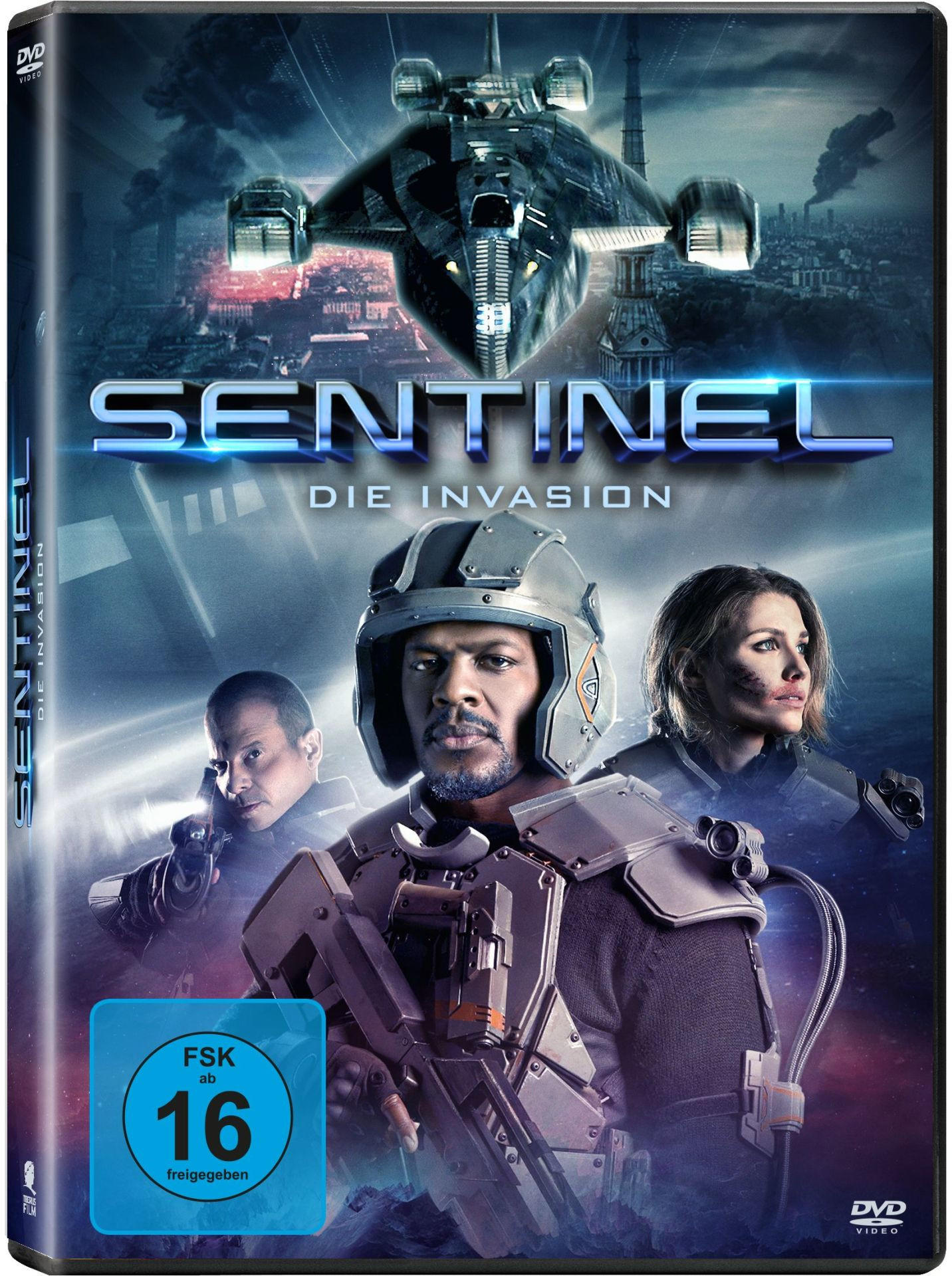 DVD-Hülle. Drei Personen mit Waffen, Stadtkulisse, Titel 'Sentinel'. Figuren in Militäruniform.