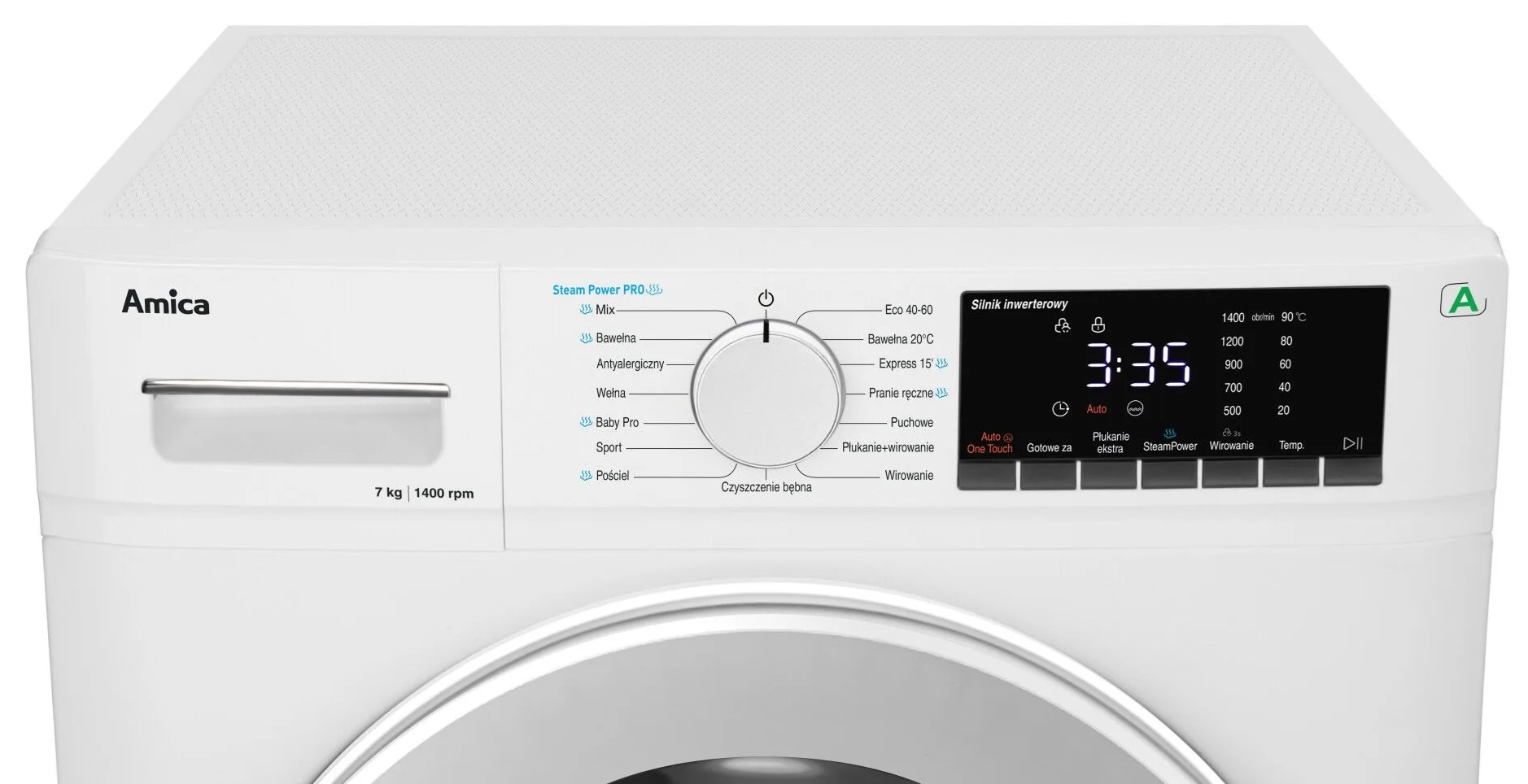 Widok z przodu na biały panel sterowania pralki z cyfrowym wyświetlaczem.