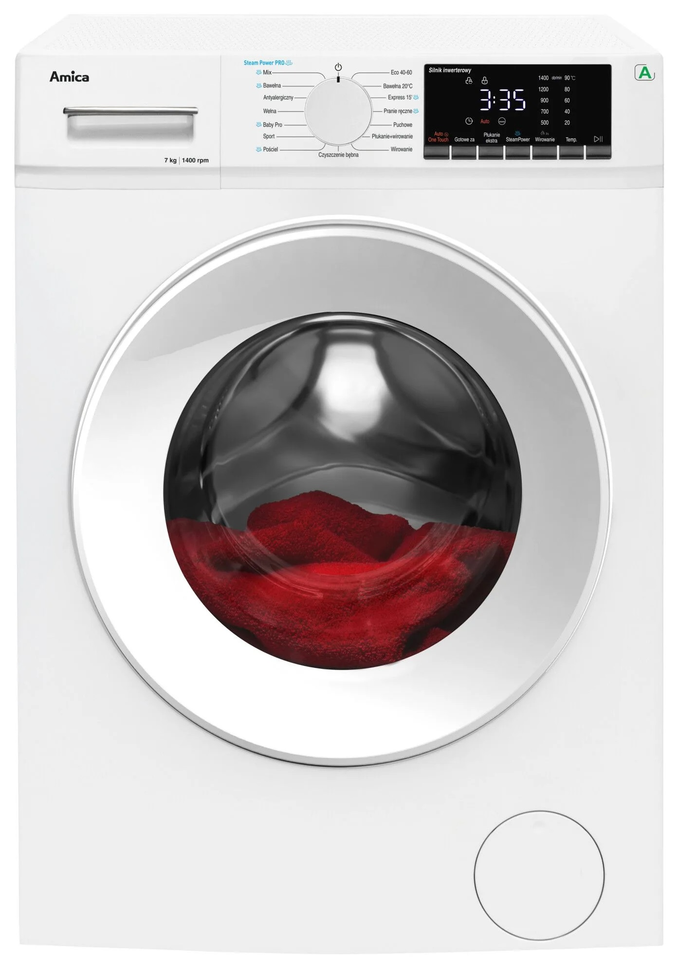 Biała pralka. Czerwona tkanina w środku. Wyświetlacz pokazuje czas. Przyciski do programów.