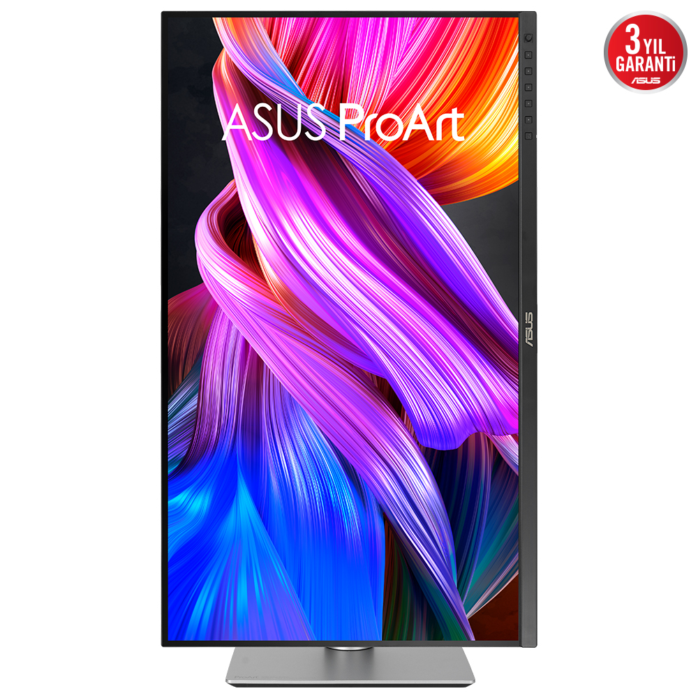 Ekranda renkli soyut bir görüntü bulunan Asus ProArt monitör.