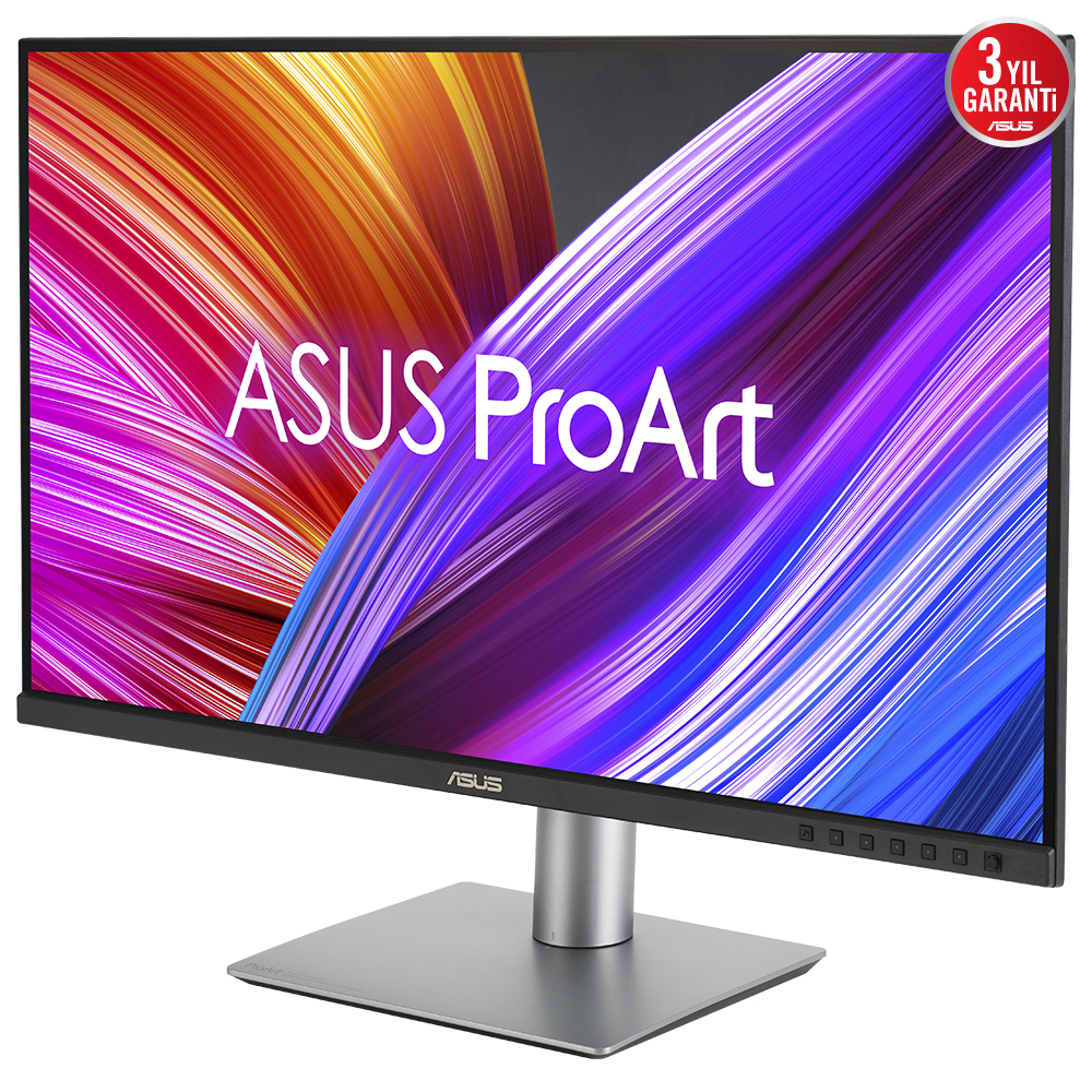 Renkli ekranlı, gümüş standlı ve 3 yıl garanti etiketli Asus ProArt monitör.