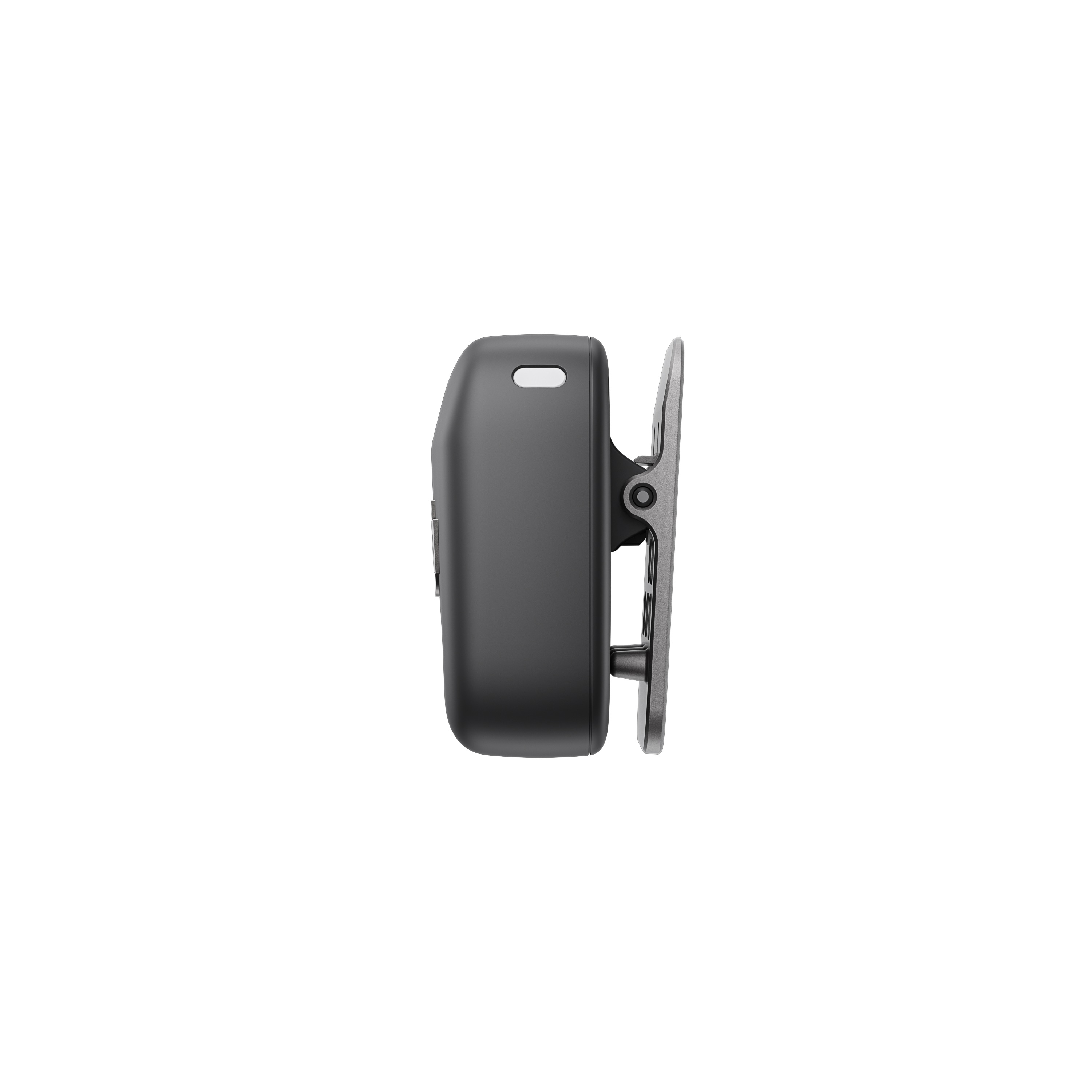 DJI mikrofon, yan görünüm, siyah, takmak için bir klips ve küçük bir delik ile.
