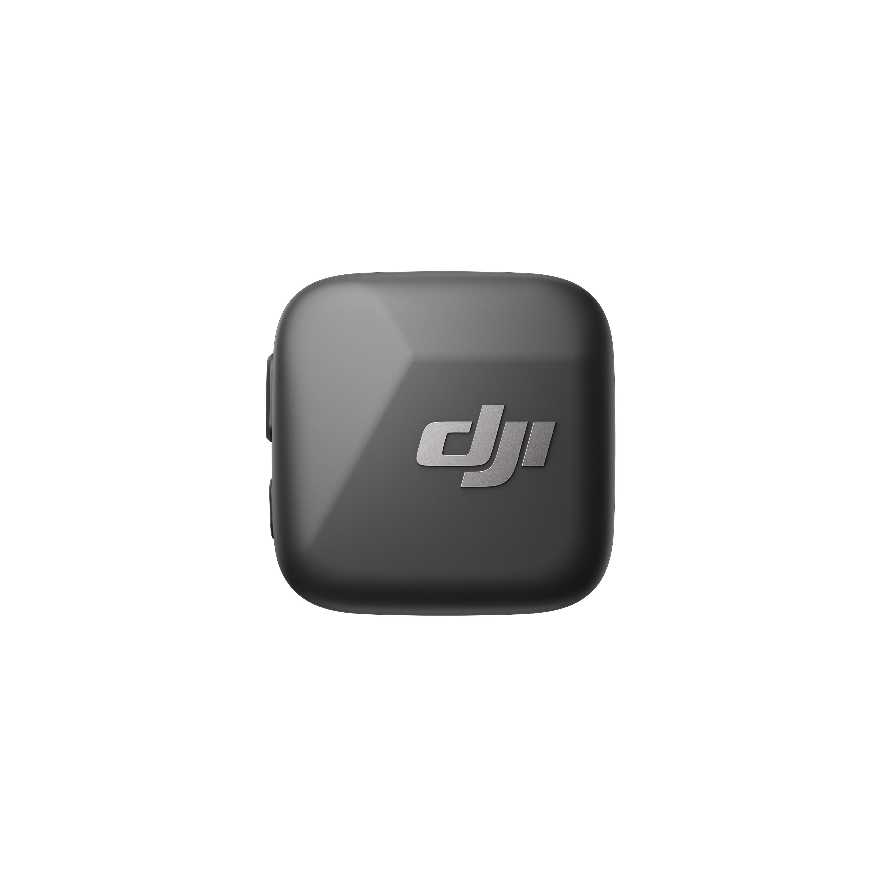 DJI mikrofon, yukarıdan görünüm, siyah, ortada DJI logosu ile.