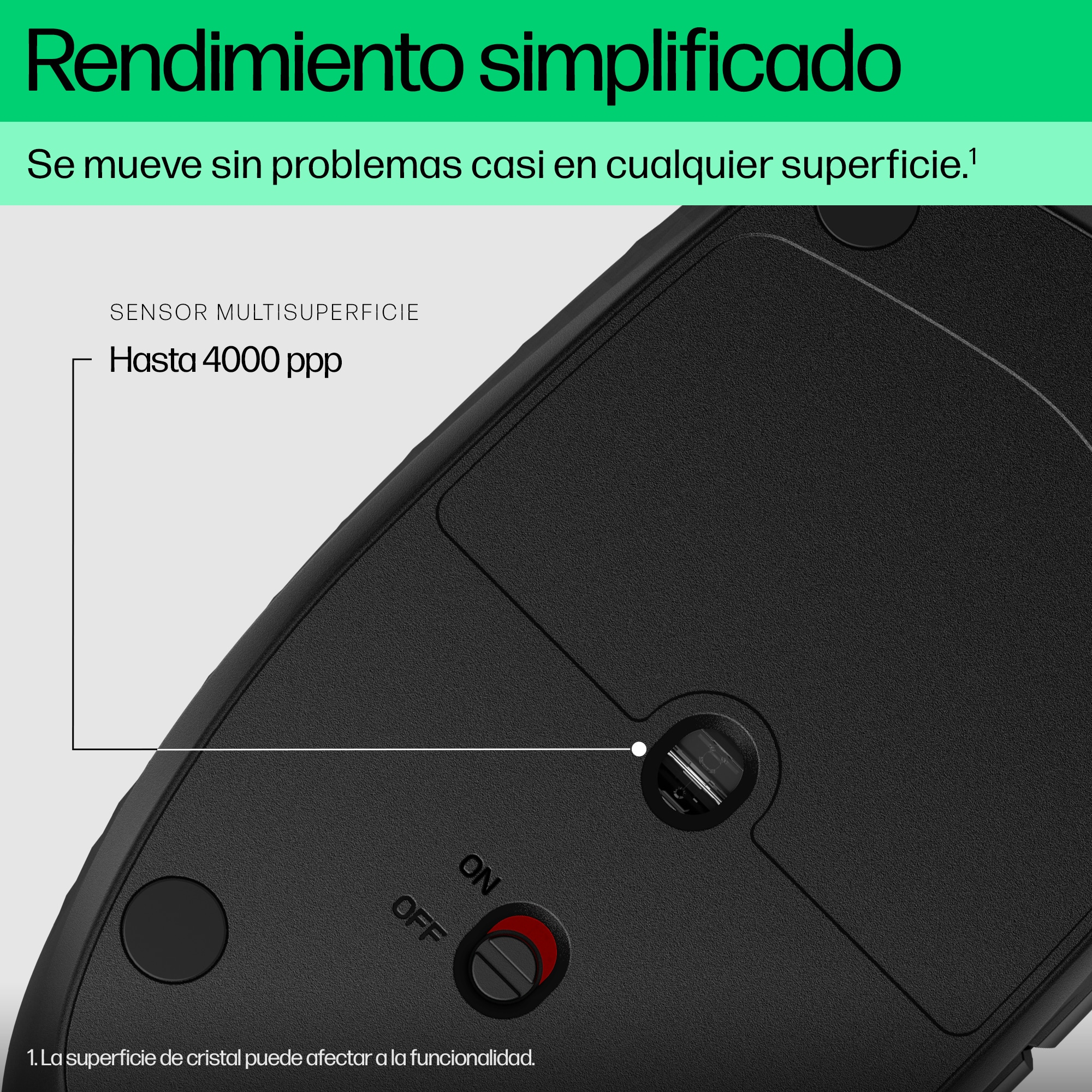 Primer plano de un ratón negro, con texto sobre rendimiento y un interruptor.