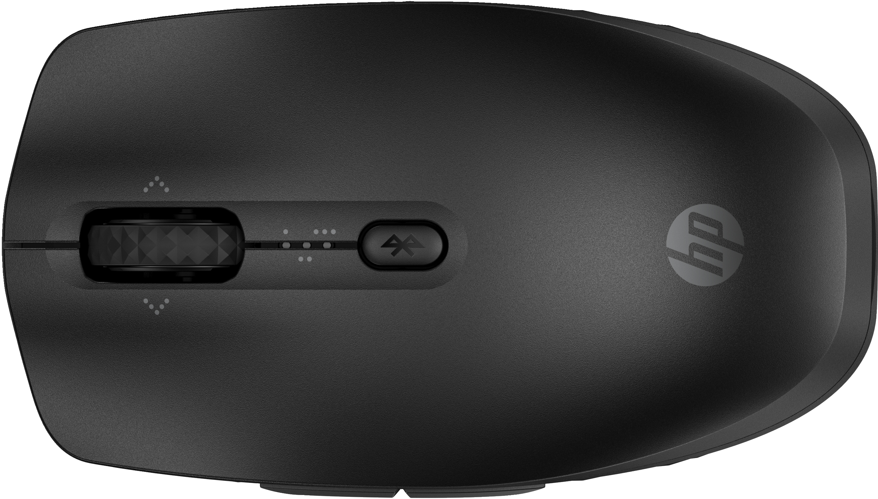 Ratón HP negro. Vista superior. La rueda de desplazamiento y el logotipo son visibles. El símbolo de Bluetooth también está presente.