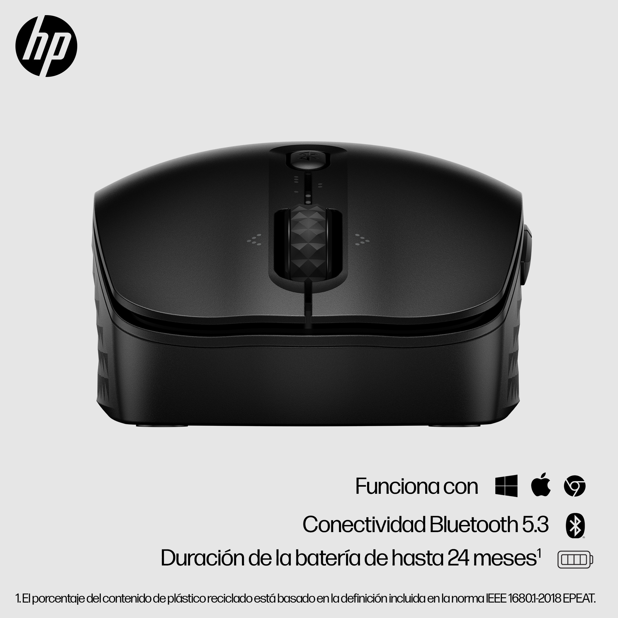Un ratón de computadora negro con una rueda de desplazamiento, con texto.