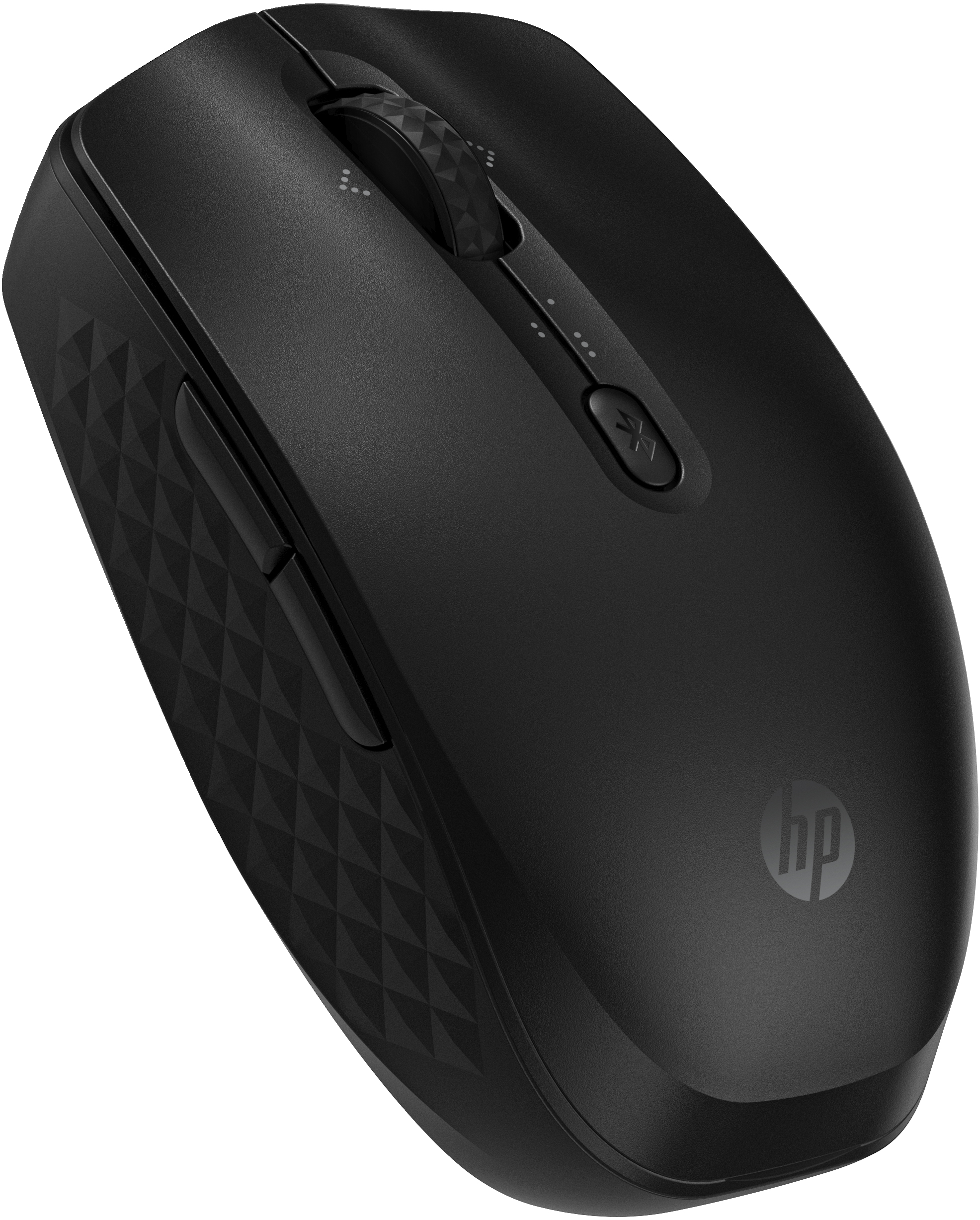 Un ratón HP negro, vista superior, con rueda de desplazamiento, botón Bluetooth y logotipo.