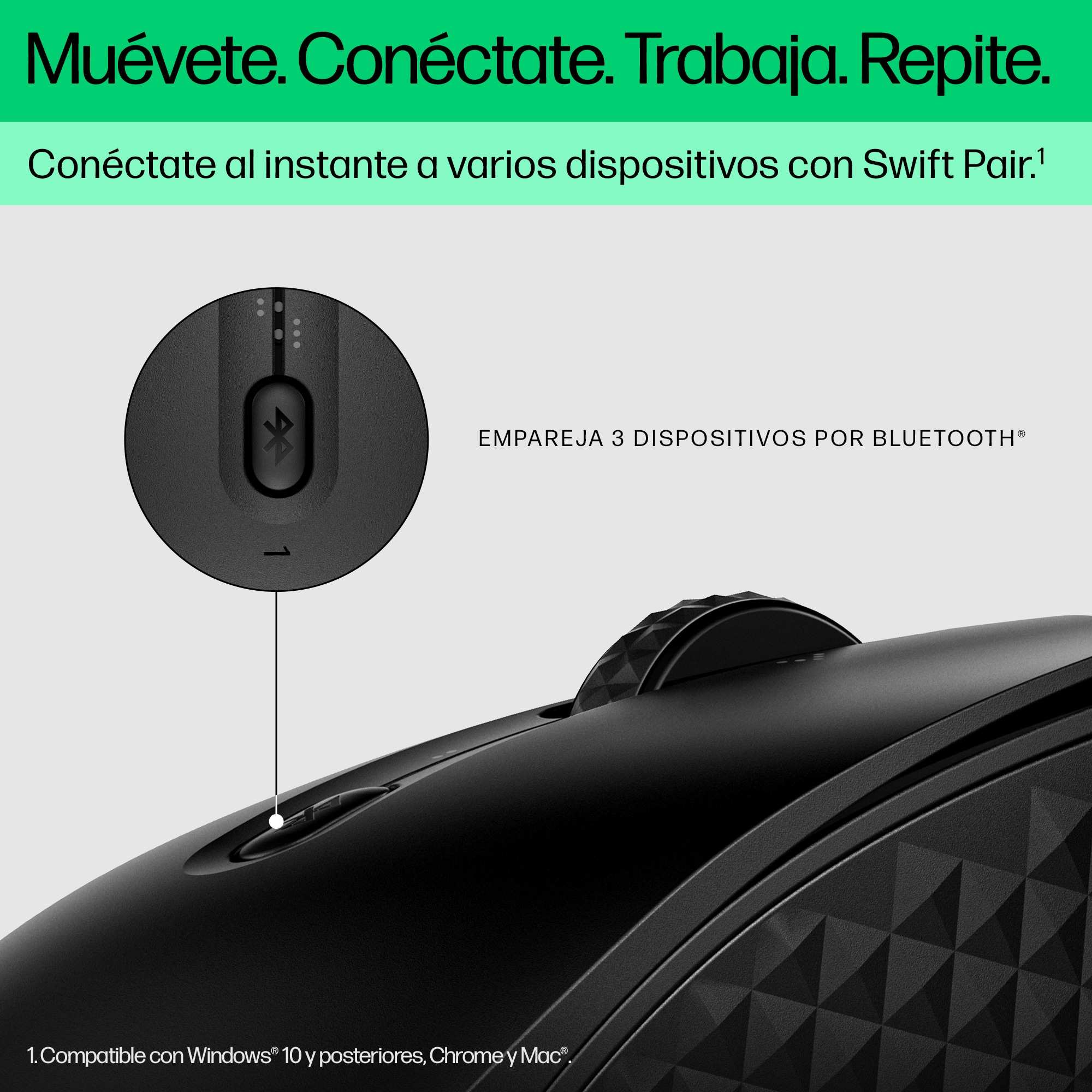 Primer plano de un ratón con botón de emparejamiento Bluetooth y rueda de desplazamiento.
