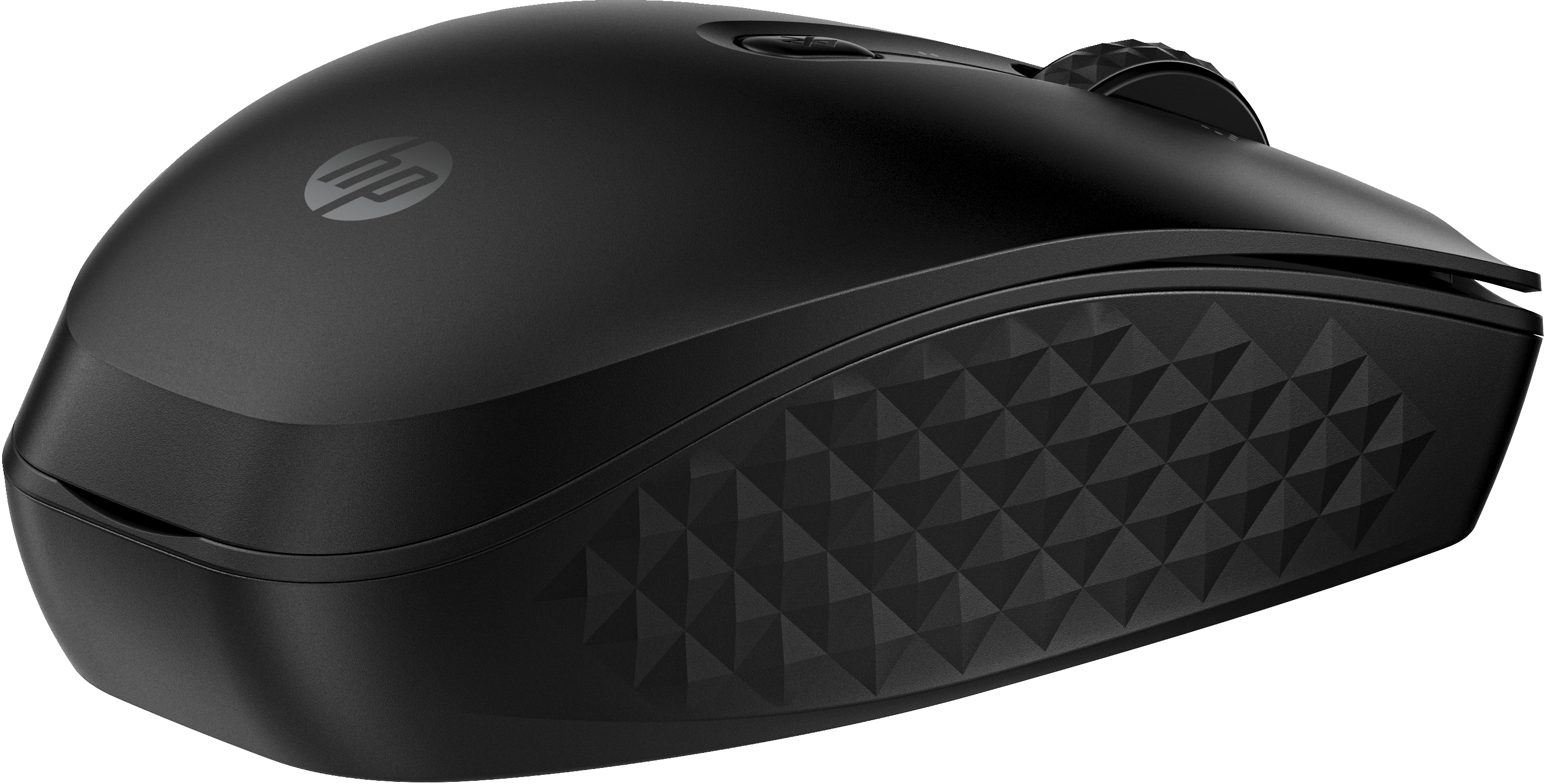 Ratón de ordenador negro con el logo de HP, vista lateral.