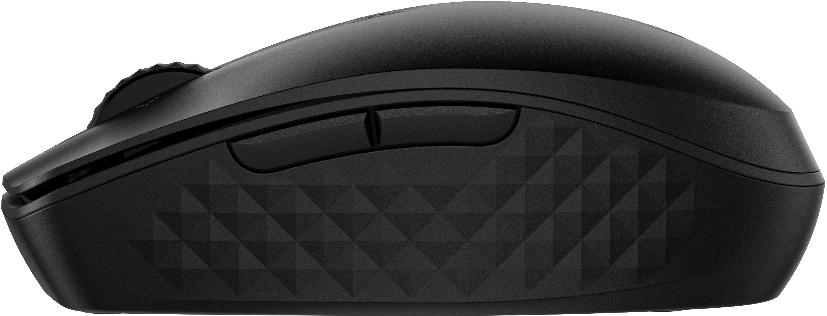 Ratón de ordenador negro con lateral estampado y dos botones laterales.