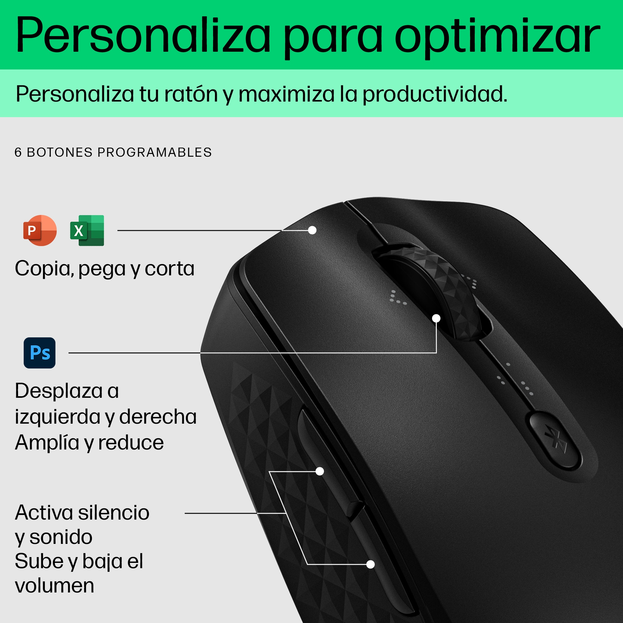 Un ratón negro con botones programables y controles de volumen.