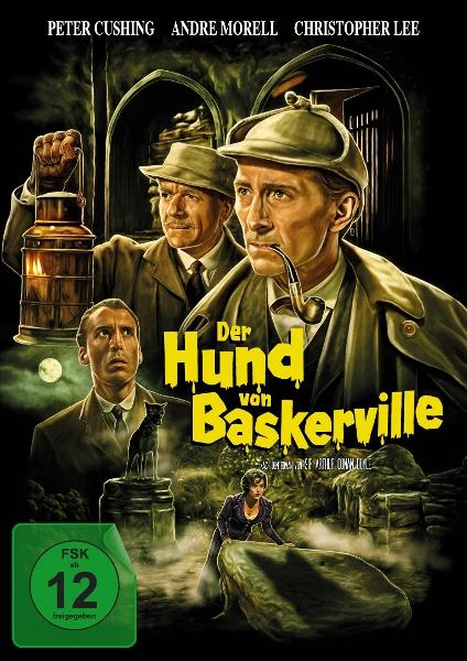 Filmposter mit Schauspielern und Text: Der Hund von Baskerville. Sherlock Holmes. Schwarzer Hintergrund.