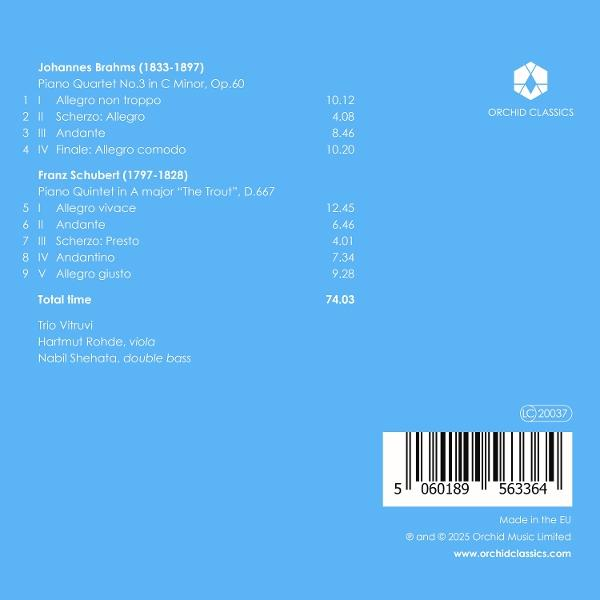 Rückseite einer CD-Hülle. Text listet Musik von Johannes Brahms und Franz Schubert mit Zeitangaben auf.