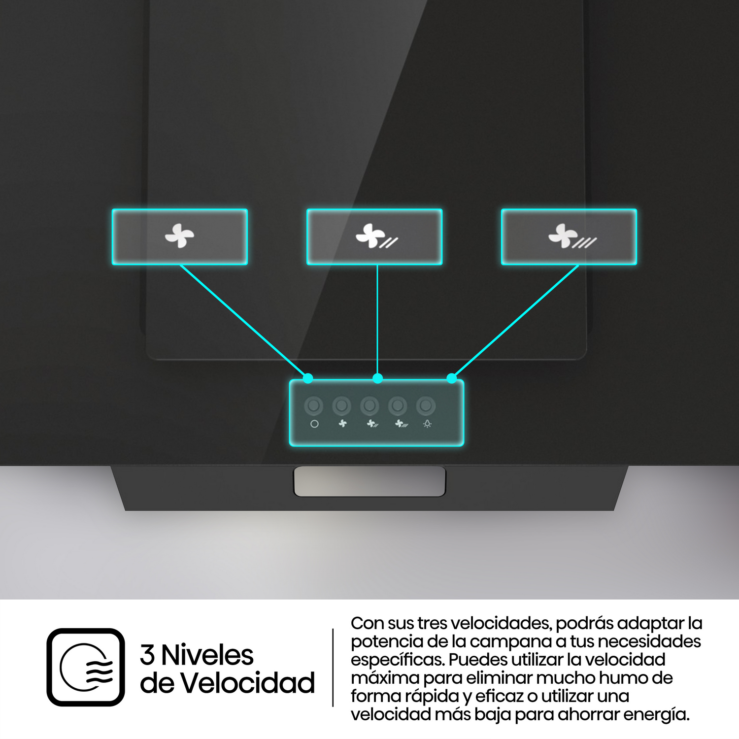 Una campana de cocina negra con tres indicadores de velocidad del ventilador y botones de control.