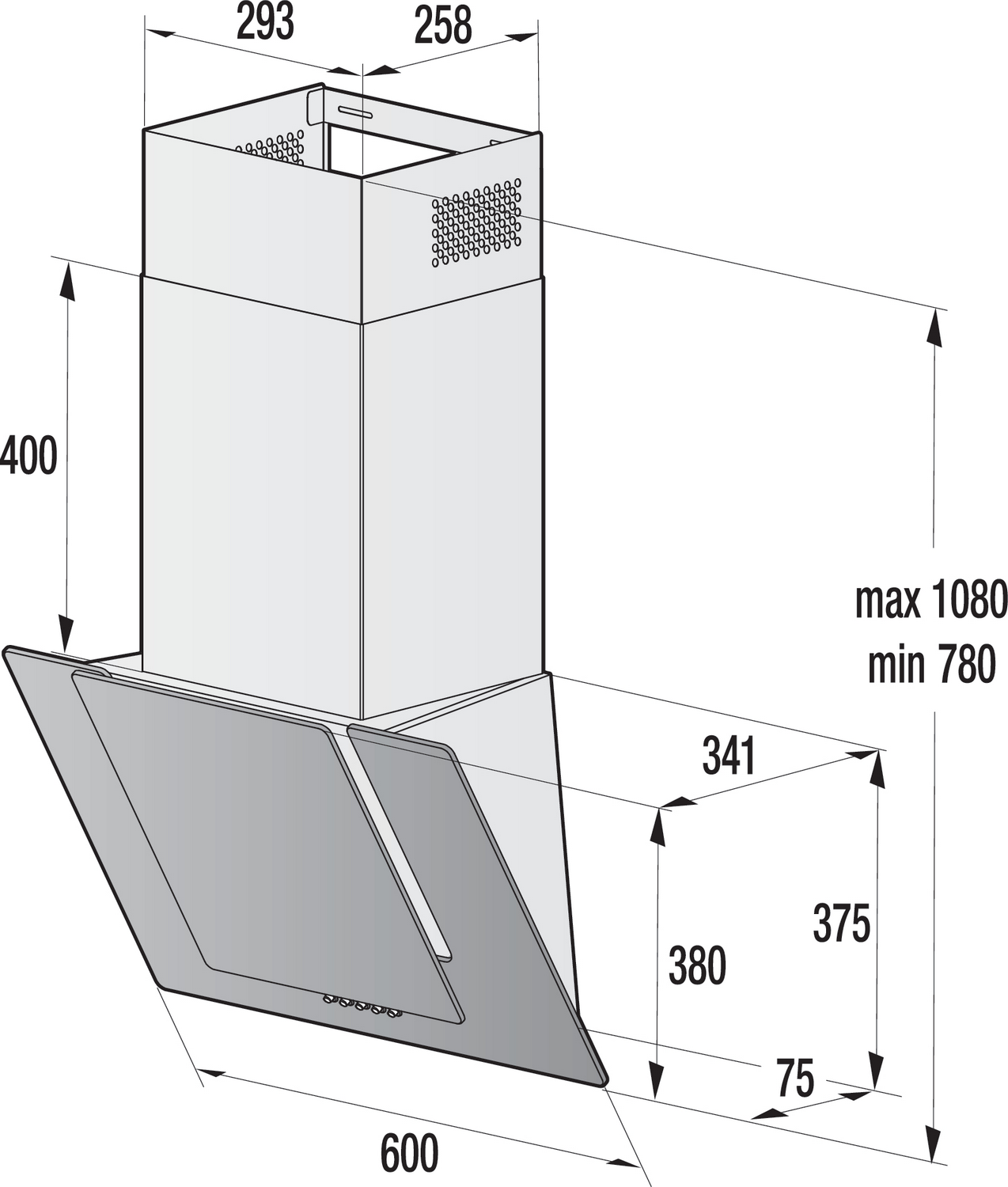 Dibujo técnico de una campana extractora con dimensiones en milímetros.