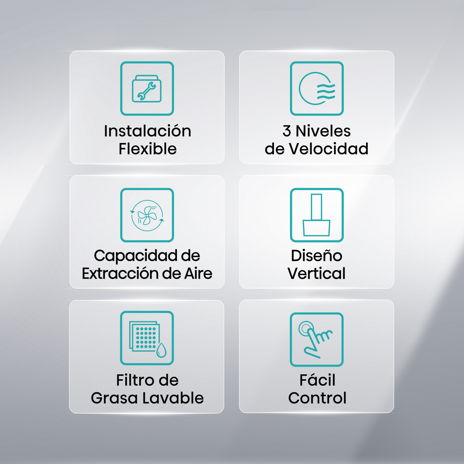 Iconos con texto: Instalación, Niveles de velocidad, Extracción de aire, Diseño vertical, Filtro y Control.