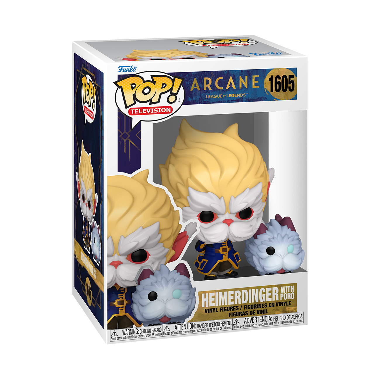 Funko Pop! Figurenbox: Heimerdinger und zwei Poros aus Arcane. Weiße und blaue Box.