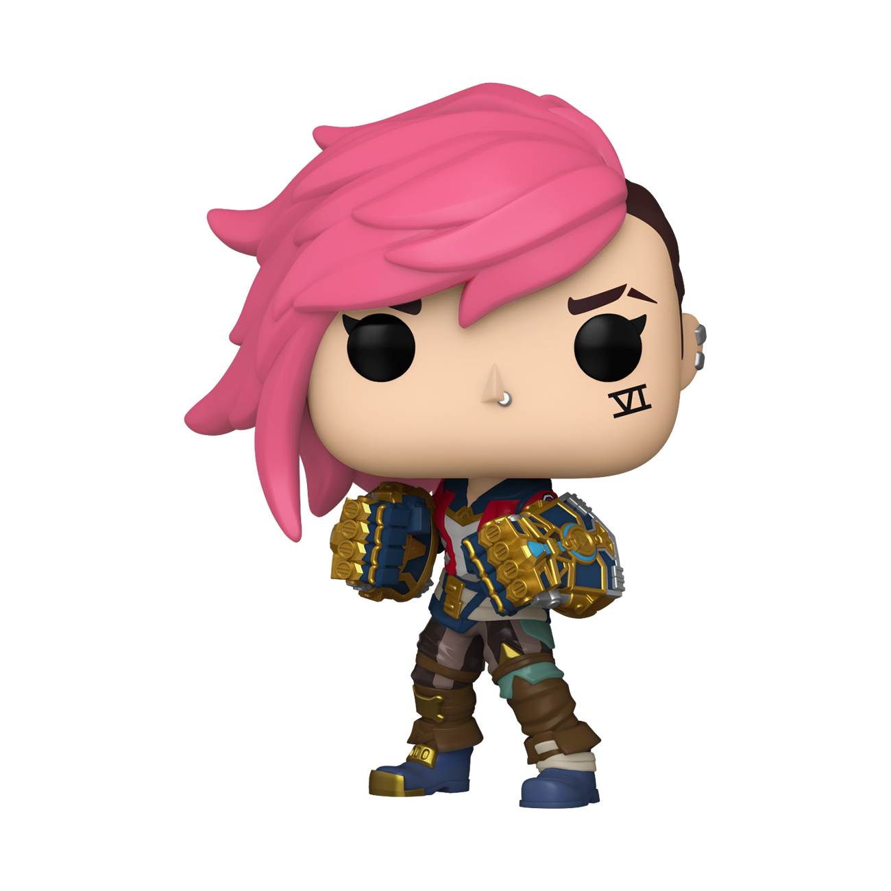 Vi, eine Funko Pop Figur aus Arcane, mit pinkfarbenem Haar und goldenen Panzerhandschuhen.
